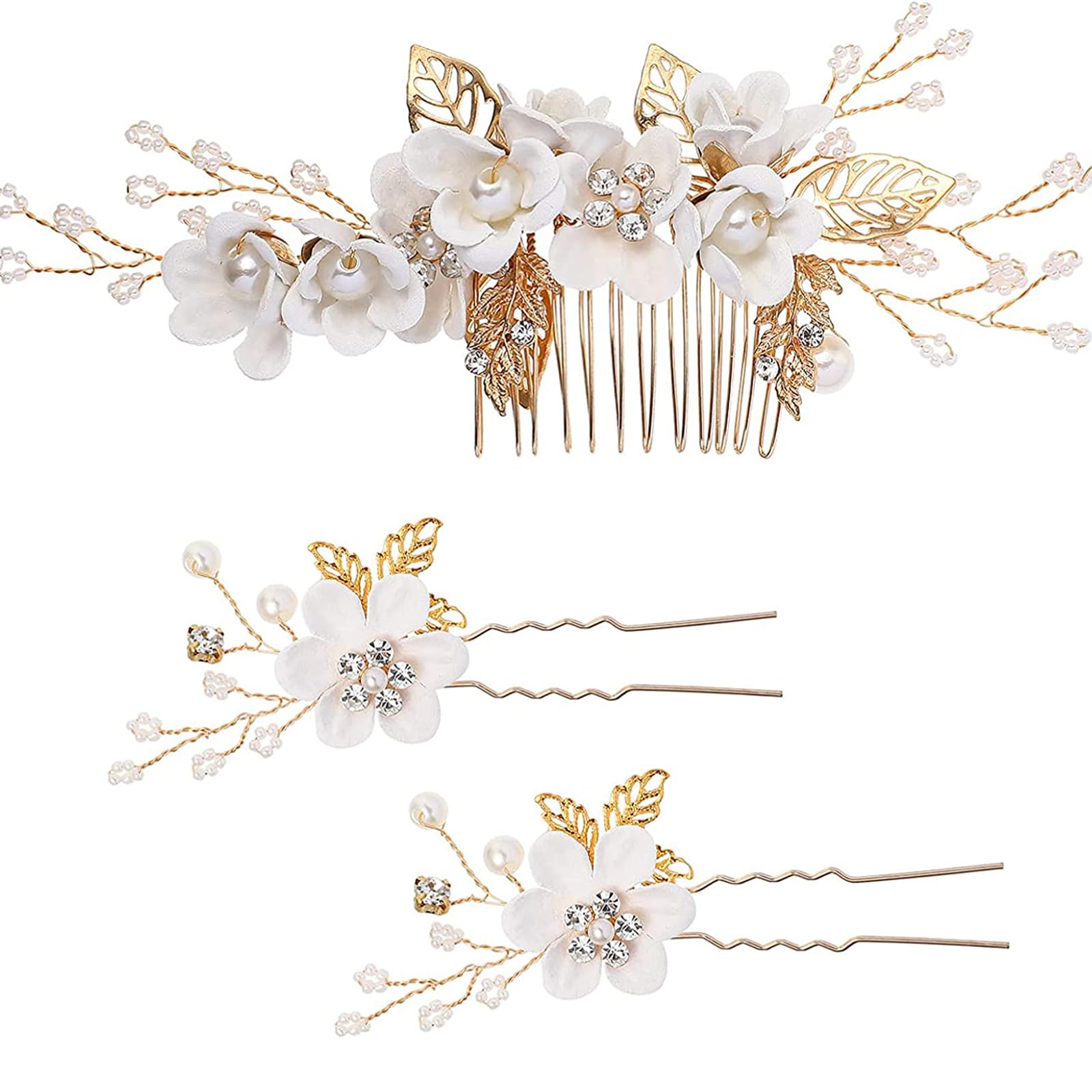 髪飾り ヘアアクセサリー 花 髪 飾り 浴衣 3点セット 和装髪飾り パール フラワー コーム Uピン ヘアピン ヘア飾り 結婚式 お呼ばれ 和装用髪飾り ウェディング 成人式 七五三 披露宴 パーティー 卒業式 入学式 和装 (ホワイト)