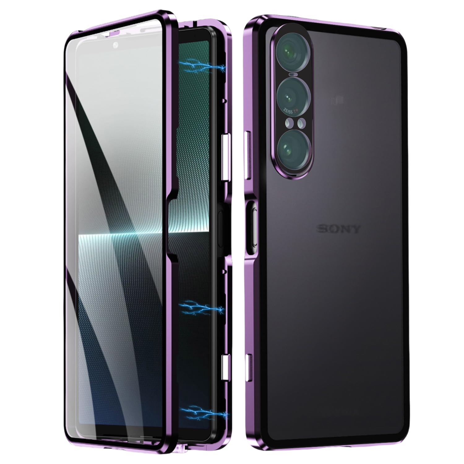 Rakuten - Xperia 10 VII 用 ケース クリア 両面 カメラ保護 フィルム付き アルミバンパー ガラスフィルム ロック付き 全面保護 マグネット式 エクスペリア10 VII 用カバー 透明 人気, 紫