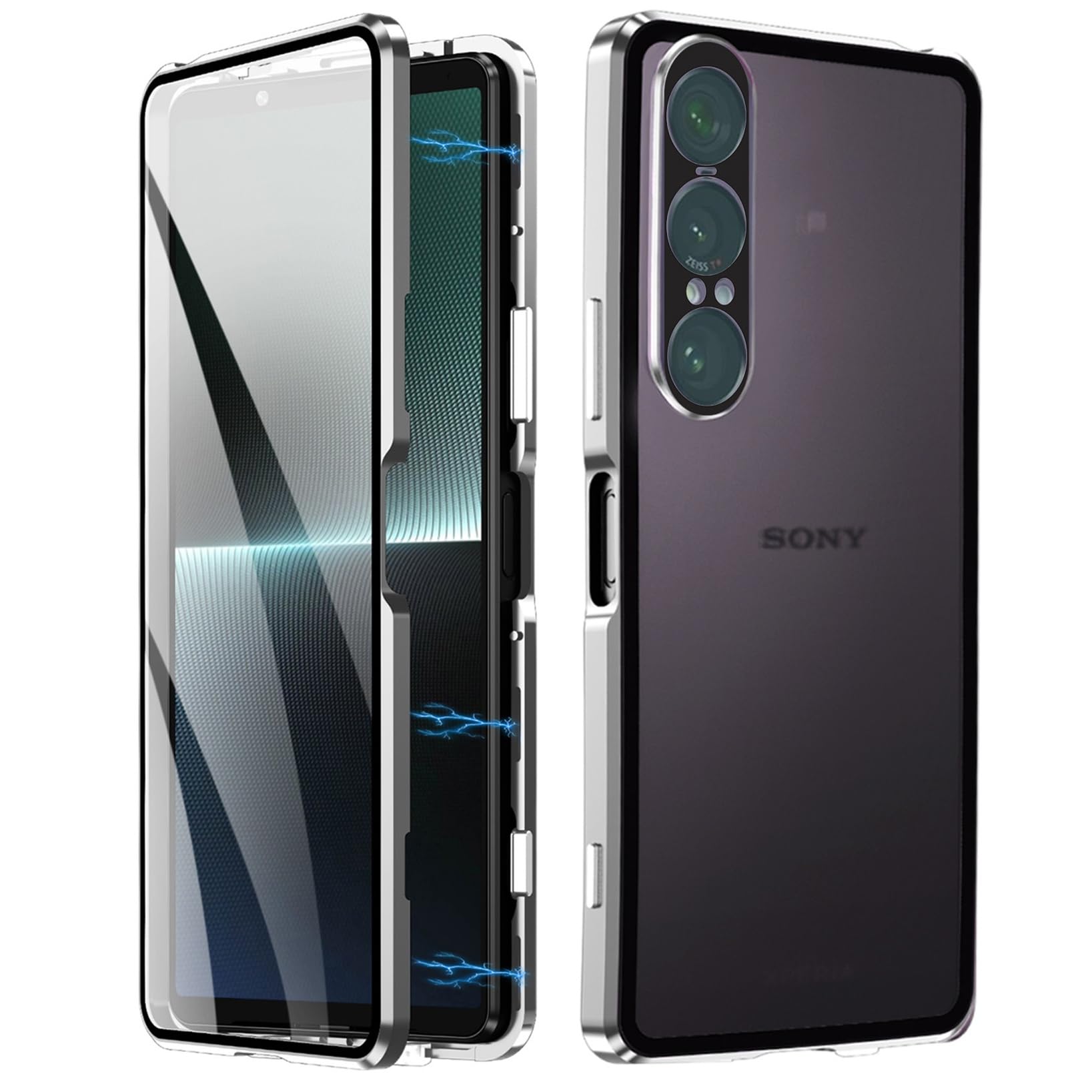Rakuten - Xperia 10 VII 用 ケース クリア 両面 カメラ保護 フィルム付き アルミバンパー ガラスフィルム ロック付き 全面保護 マグネット式 エクスペリア10 VII 用カバー 透明 人気, シルバー