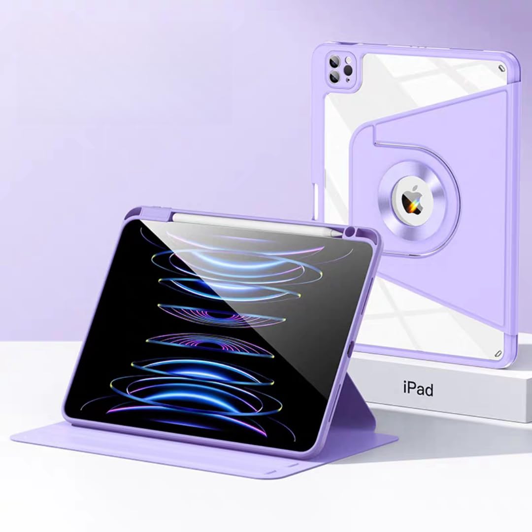 Rakuten - 360度回転 ケース 用の iPad Pro 11インチ M5/M4 2025/2024 (第6/5世代) マグネット 透明 ペン収納 縦置き 手帳型 耐衝撃 磁石吸着 分離式 おしゃれ 人気 軽量 薄型 タブレットケース, パープル
