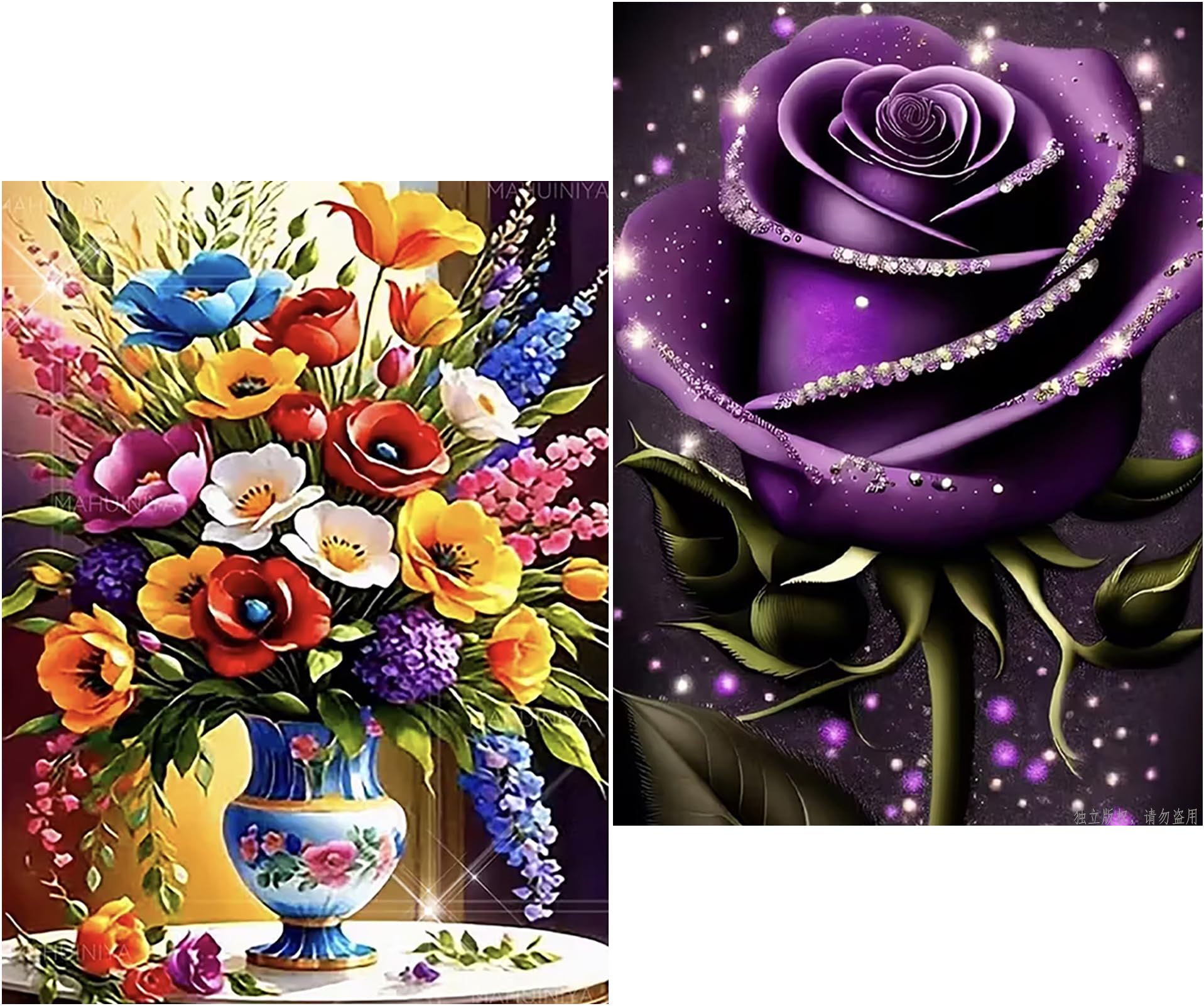 Amyaker ダイヤモンドアート キット 丸いビーズ 紫のバラ 花瓶 2個セット ダイアモンドビーズ絵画キット DIY 手作り絵画 モザイクアート 5D モザイクアート ダイヤモンド塗装 全面貼り付けタイプ 30x40cm