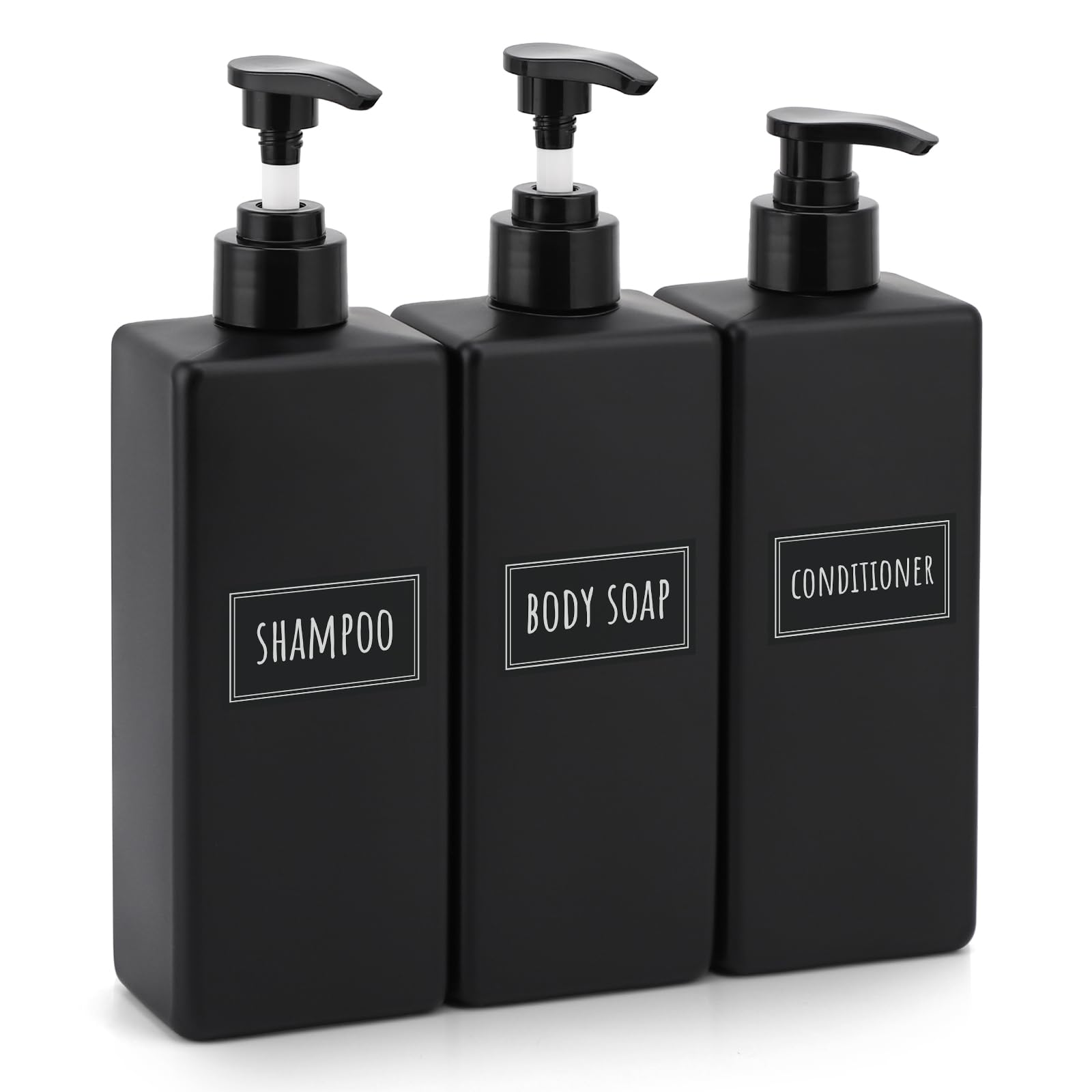 Segbeauty シャンプーボトル ディスペンサー 詰め替えボトル 3本セット 500ml マットブラック 黒い 方形 ステッカー付き 容器 大容量 おしゃれ 漏れ防止 簡単取り付け 浴室 洗面所 アルコール 洗濯洗剤 食器用洗剤 適用