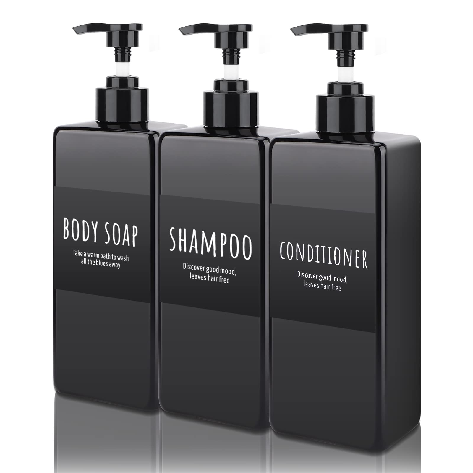 Segbeauty シャンプーボトル ディスペンサー 詰め替えボトル 黒色 500ml 3本セット ブラック 方形 漏れ防止 3種類 シール付き 浴室 洗面所 キッチン アルコール 食器用洗剤 適用