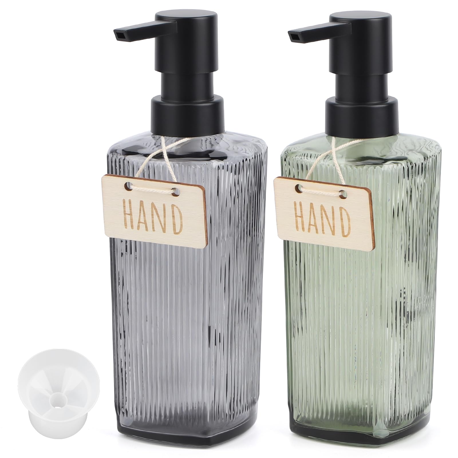 Segbeauty ディスペンサー ガラス製 350ml 青碧と灰色 2個セット 液体ハンドソープディスペンサー 詰め替えボトル シャンプーボトル おしゃれ かわいい 食器洗い洗剤 ハンドソープ 洗顔フォーム 洗剤用 お風呂 温泉 トイレ キチン ろうと付