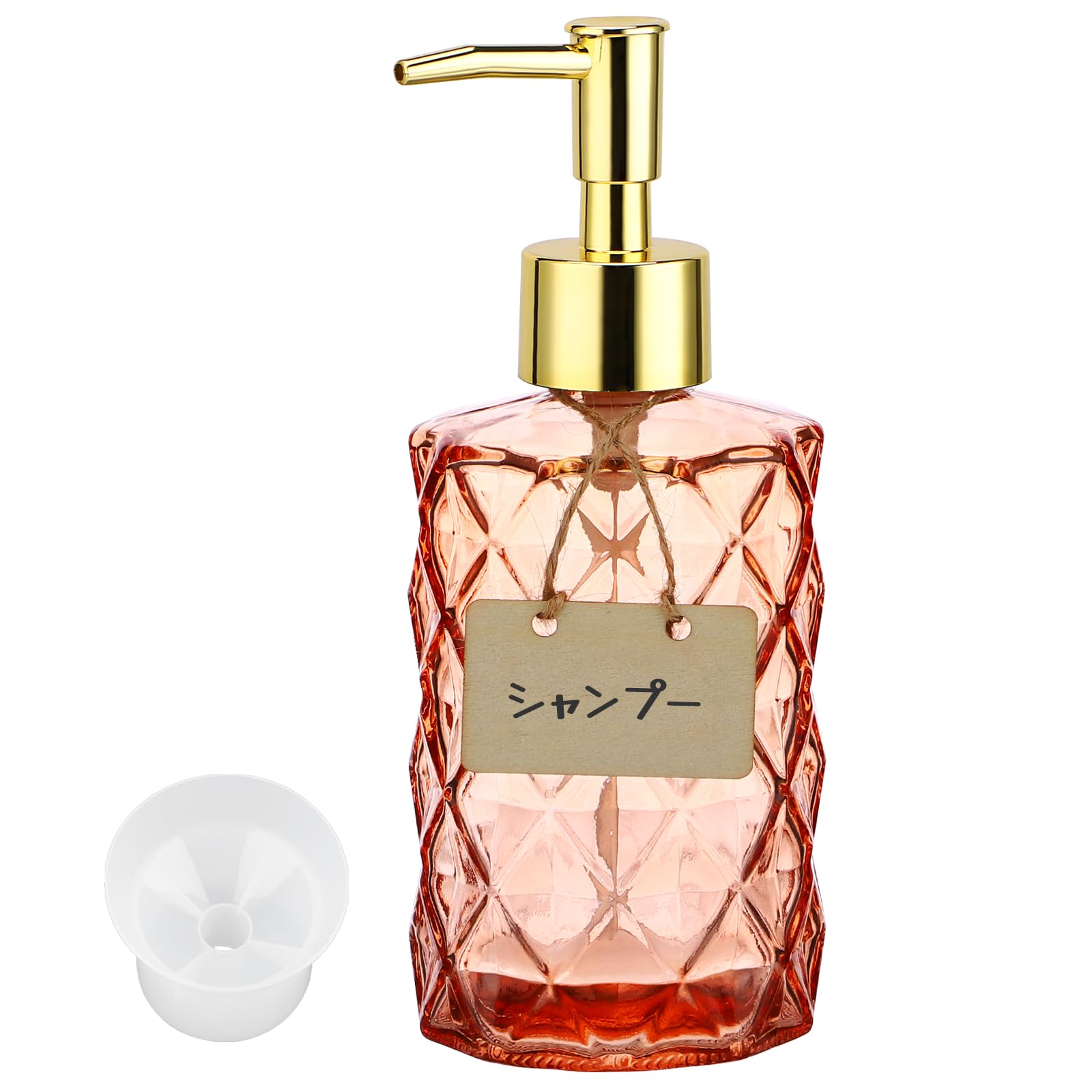 Segbeauty ディスペンサー 詰め替えボトル シャンプーボトル 可愛い 350ml オレンジ色 ガラス製 DIYラベルカード付き シャンプーボトル 容器 おしゃれ 漏れ防止 簡単取り付け 浴室 洗面所 アルコール 洗濯洗剤 食器用洗剤 適用（350m