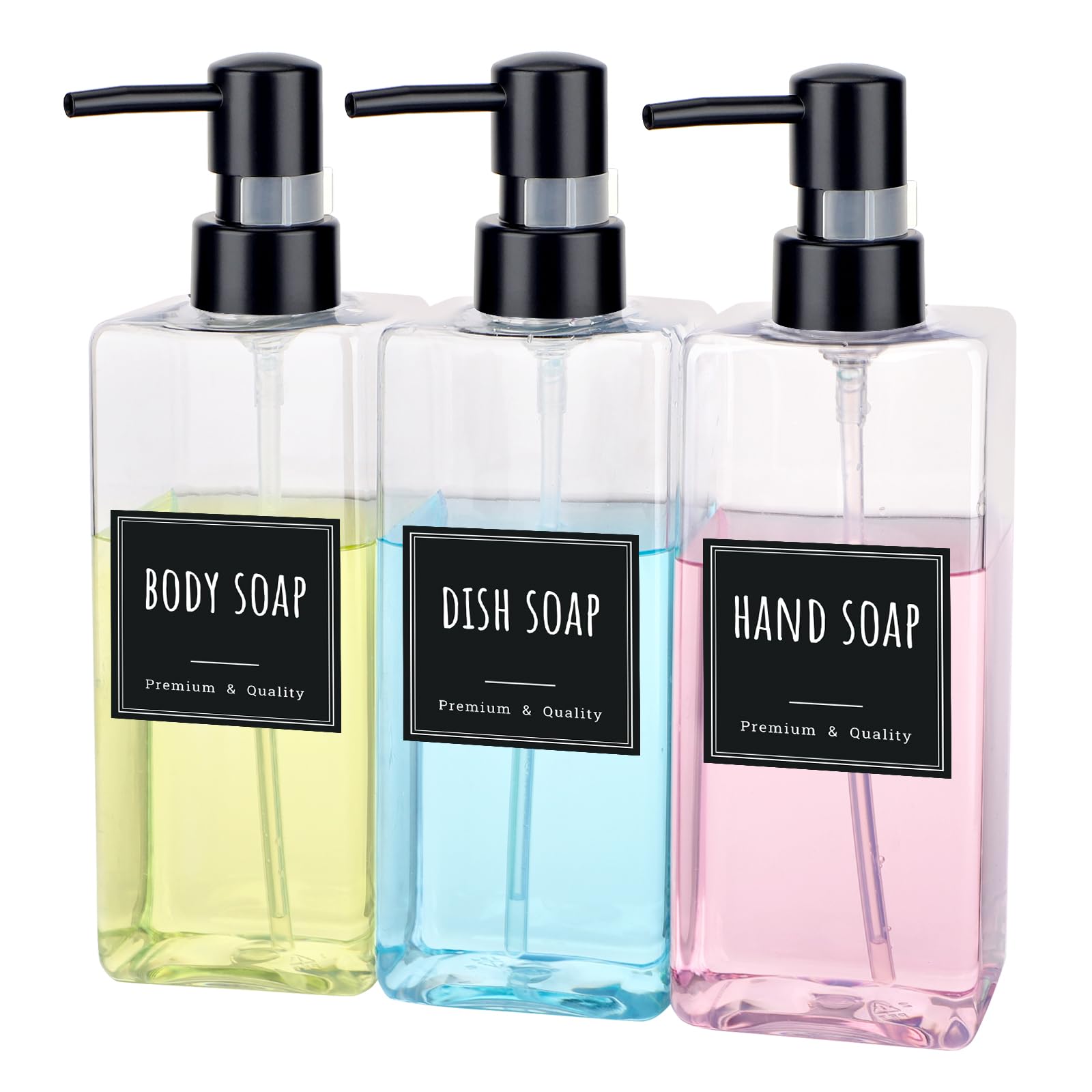 Segbeauty シャンプーボトル 3本セット 500ml クリア 透明 ラベルシール付き 方形 ディスペンサー 詰め替えボトル ステッカー付き 防漏デザイのンポンプ 容器 大容量 おしゃれ 漏れ防止 簡単取り付け 浴室 洗面所 アルコール 洗濯洗剤 食