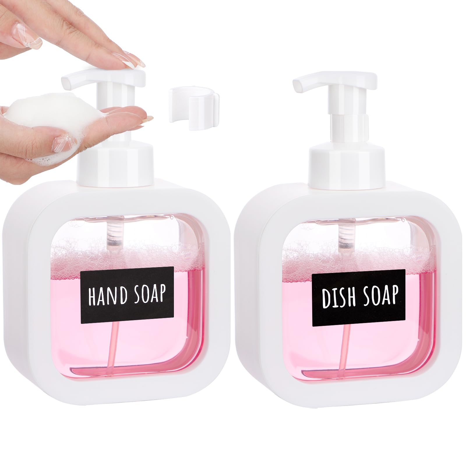 Segbeauty ディスペンサー 泡タイプ シャンプーボトル 白い 2本セット 500ml 方形 ステッカー付き ホワイト ディスペンサー 詰め替えボトル 容器 大容量 おしゃれ 漏れ防止 簡単取り付け 浴室 洗面所 アルコール 洗濯洗剤 食器用洗剤 適