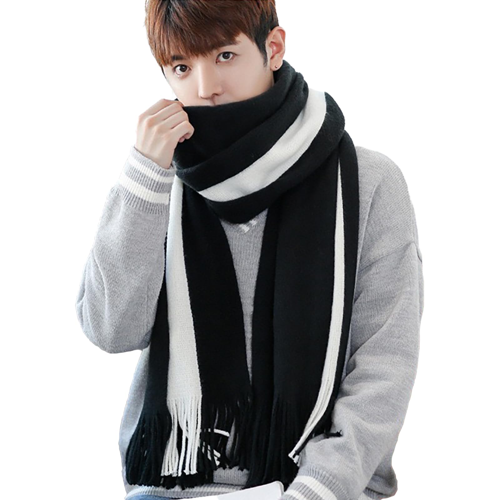 [Andeor] マフラー ストール メンズ 秋 冬 防寒 柔らかい肌触り・上質なウール・大判ストール・ショール・ストライプ・大きいサイズ シンプル カジュアル おしゃれ 暖かい 厚手 防風 プレゼント・ギフト・贈り物・誕生日・記念日・男女兼用 (ブラック