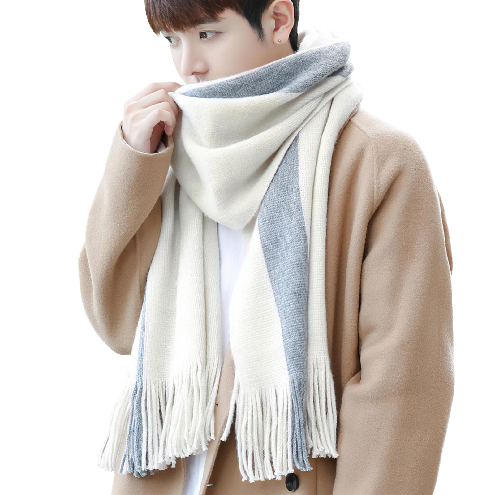 [Andeor] マフラー ストール メンズ 秋 冬 防寒 柔らかい肌触り・上質なウール・大判ストール・ショール・ストライプ・大きいサイズ シンプル カジュアル おしゃれ 暖かい 厚手 防風 プレゼント・ギフト・贈り物・誕生日・記念日・男女兼用 (ベージュ