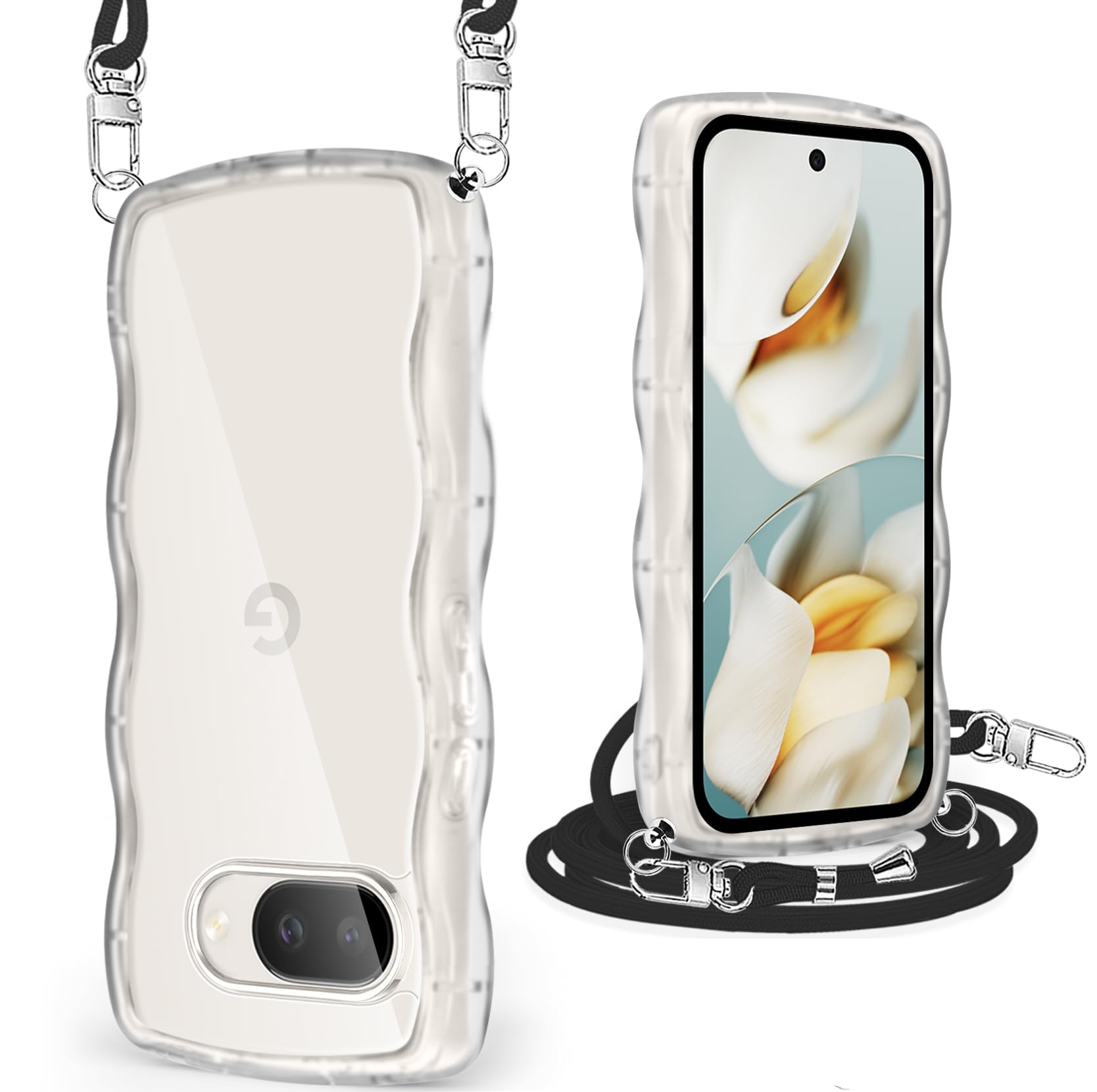 Google Pixel 9A ケース クリア ショルダー グーグル ピクセル9a カバー うねうね 透明 人気 かわいい 耐衝撃 スマホケース ストラップ付き 取り外し可能 長さ調整可能 首かけ 肩掛け 薄型 軽量 TPU ワイヤレス充電対応（透明）