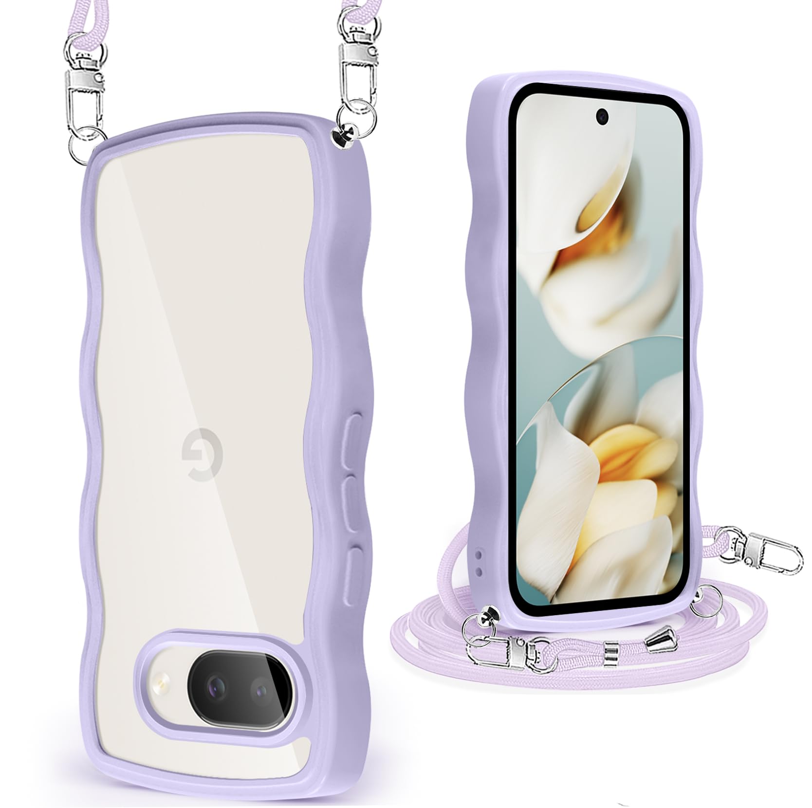 Google Pixel 9A ケース クリア ショルダー グーグル ピクセル9a カバー うねうね 透明 人気 かわいい 耐衝撃 スマホケース ストラップ付き 取り外し可能 長さ調整可能 首かけ 肩掛け 薄型 軽量 TPU ワイヤレス充電対応（パープル）