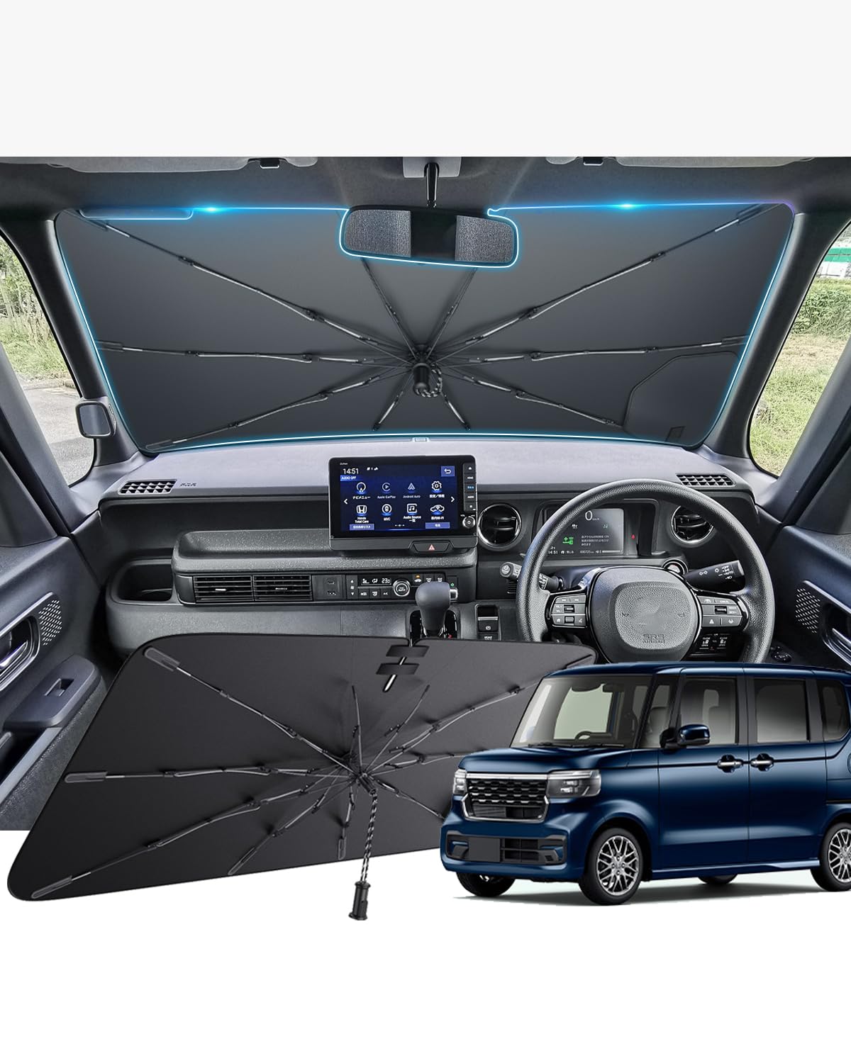 Rakuten - 【GAFAT】改良型 ホンダ N-BOX/N-BOXカスタム3代目専用 傘型 サンシェード フロントガラス用 nbox JF5/JF6型 車用サンシェード エヌボックス アクセサリー 中棒なし カーシェード jf5 nボックスカスタム 引き紐傘柄 吸盤 強
