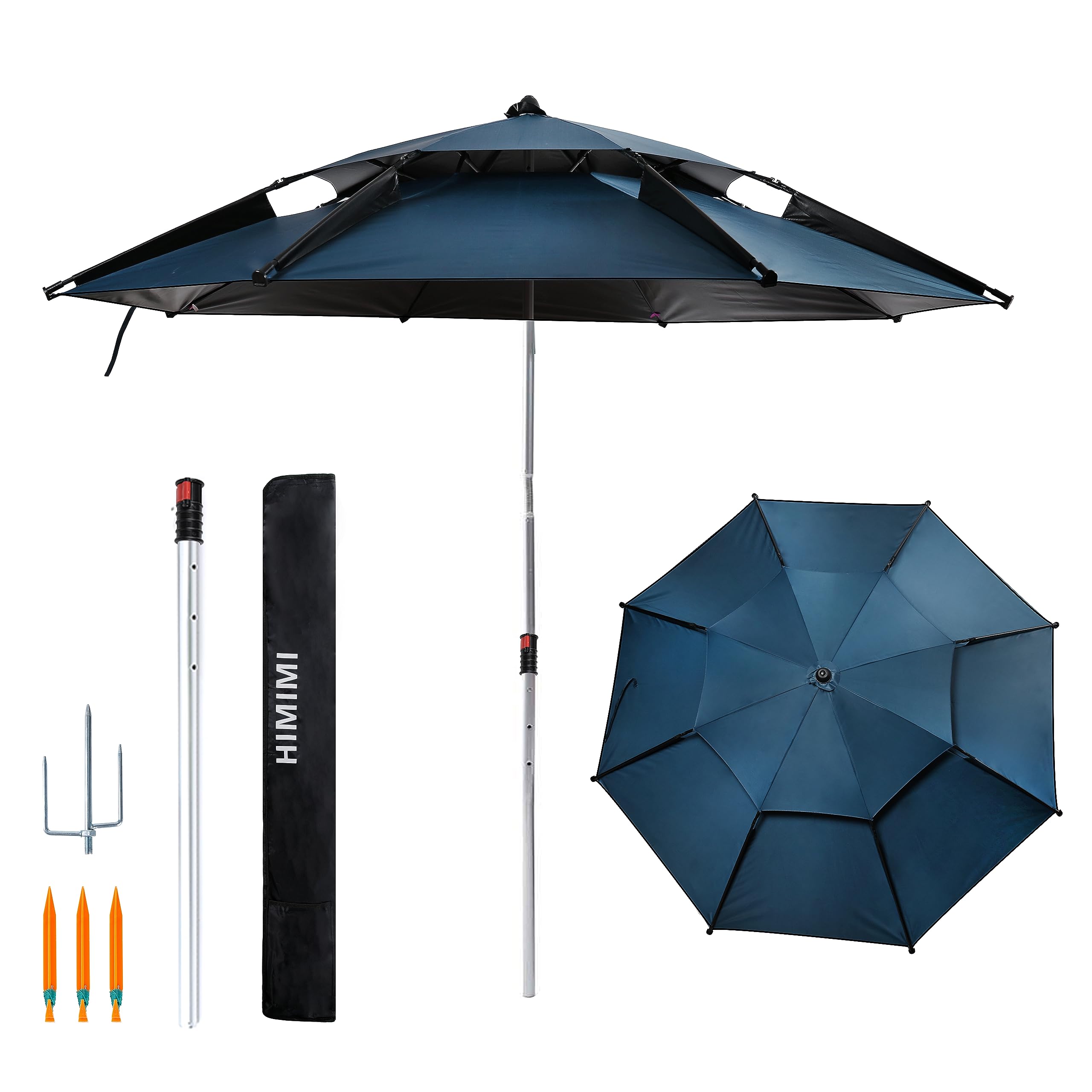 パラソル 釣り傘 ビーチパラソル 角度調節 収納バッグ付き UVカット チルト機能付 折り畳み式 フィッシングパラソル ガーデンパラソル ビーチ 日傘 日よけ 日除け (ネイビー（直径220cm）)