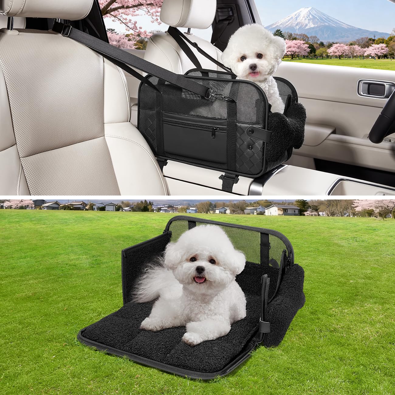 楽天Mr HedgeHog猫/犬 車 シート コンソール用 耐荷重5kg 多機能 子犬キャリーバッグ シートベルト付 折り畳み 滑り止め スーツケースに取り付け ペットドライブボックス 車用ベッド 犬用アウトドアソファ 小型犬 旅行/お出かけ/病院/公園 ブラック グレー （ブラッ