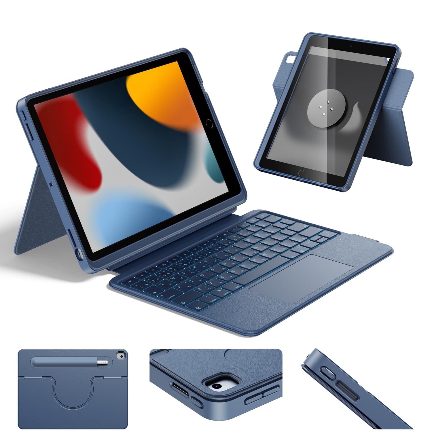 HOU Combo キーボードケース for iPad 第9世代 (10.2インチ, 2021年) & 第8世代 (2020年) & 第7世代 (2019年) マルチタッチトラックパッド搭載, 7色バックライト, 薄型軽量, 回転・着脱可能, 縦向き/横向