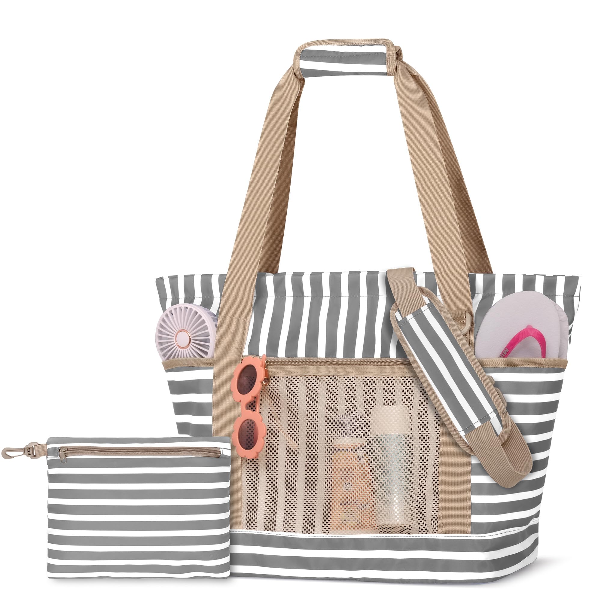 [Fasrom] ビーチバッグ 旅行 トート 大容量 ジム 砂場 水泳 海水浴 温泉 ポーチ付き グレー