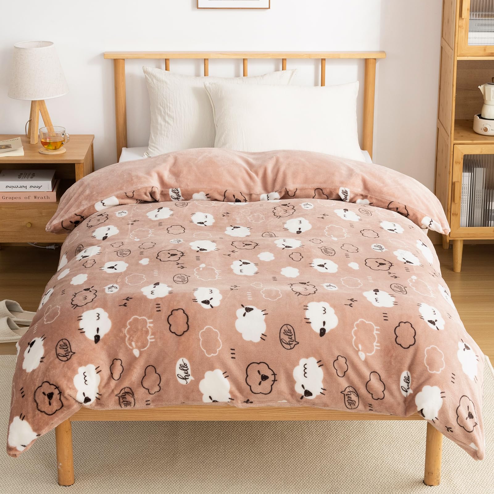 VK Living 掛け布団カバー 冬 シングル あったか フランネル 布団カバー 毛布にもなる2WAY仕様 抗菌防臭 掛けカバー 全開ファスナー 8ヶ所ループ付き 150×210cm 羊柄・ブラウンVKJ061