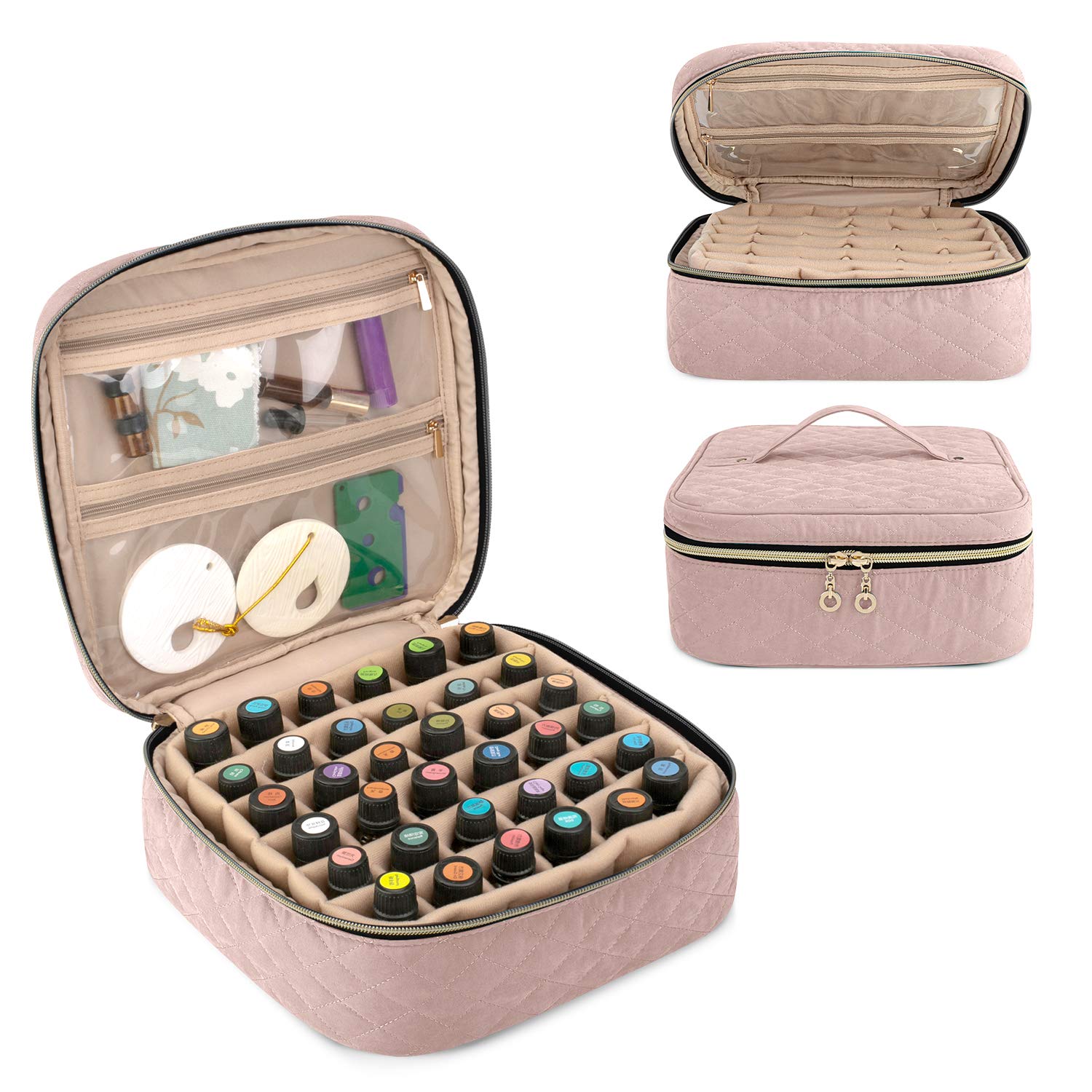 Yarwo エッセンシャルオイル収納ケース 36本入れ(5-30ml) 精油収納 アロマ収納 上の取っ手付き ピンク