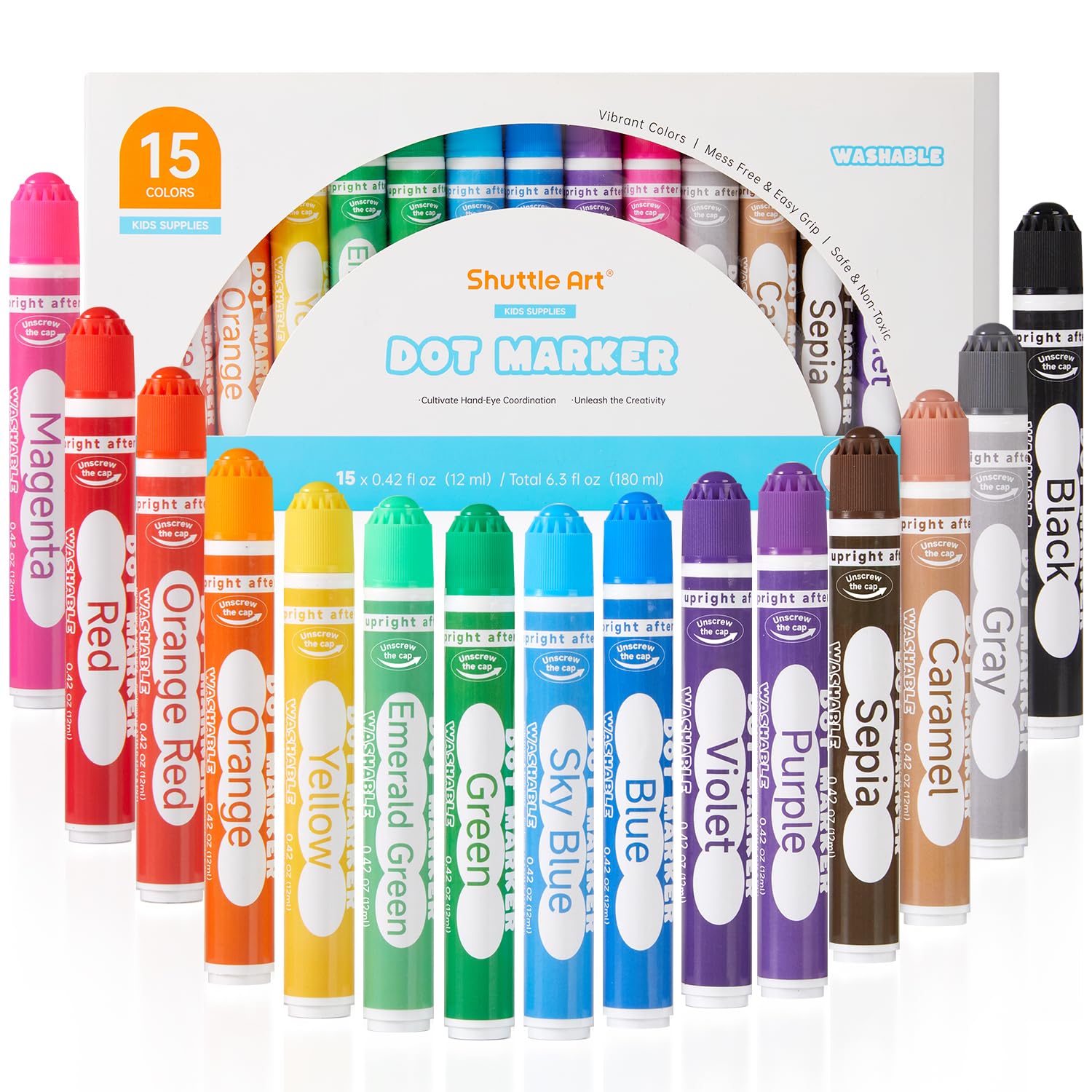 Rakuten - Shuttle Art ドットマーカー カラーペン 15色セット 12ml 子供用 水性 洗える 色塗り 落書き 握りやすい 遊び道具 プレゼント