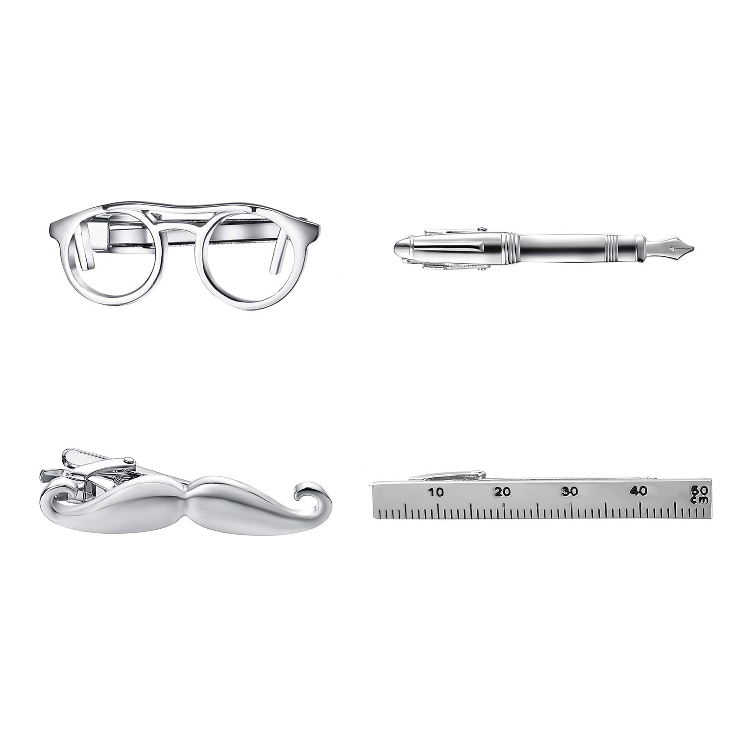 Yoursfs おもしろネクタイピン メンズ 4本セット タイピン 髭 メガネ 万年筆 定規 ネクタイピン 銀 おしゃれ ユニークプレゼント