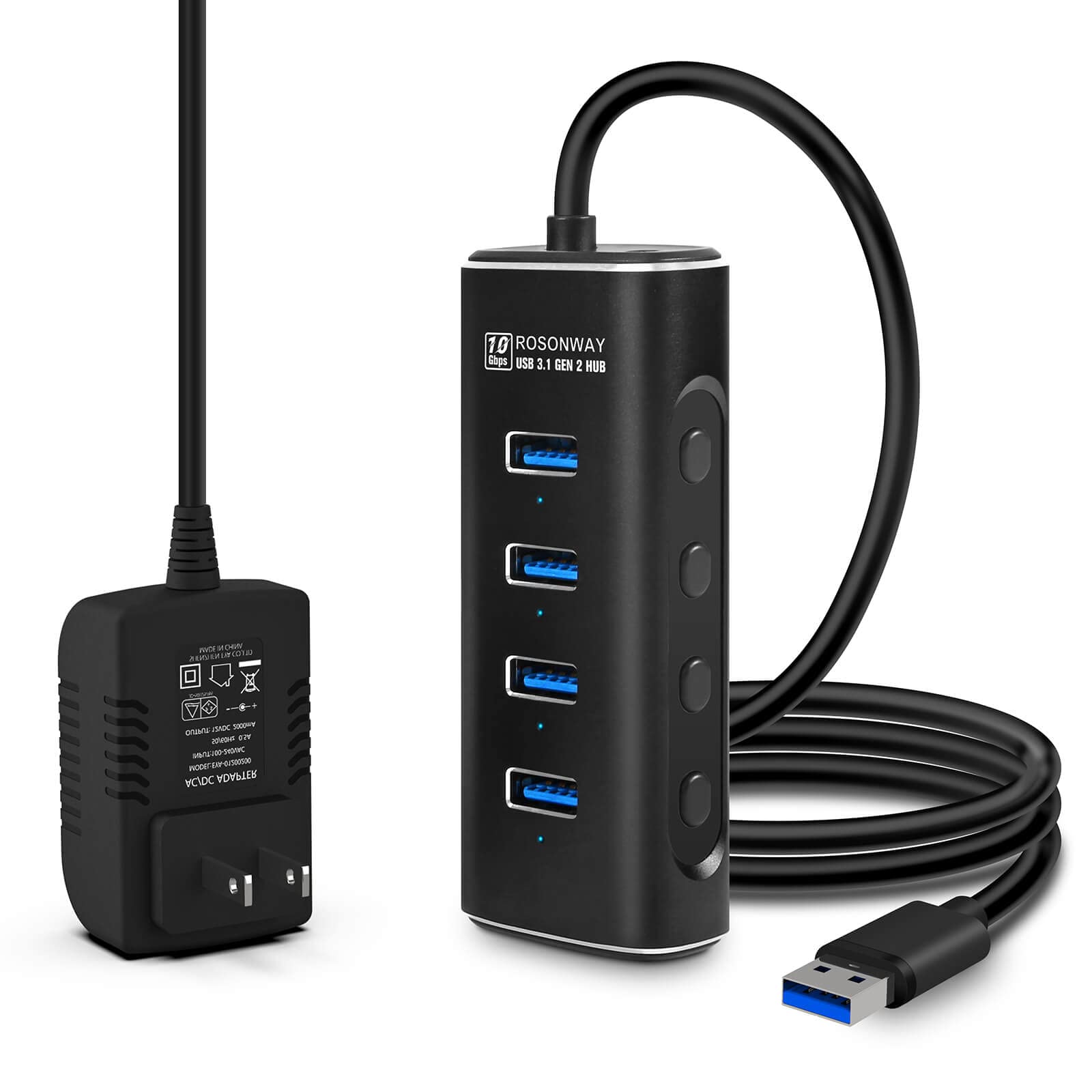 ROSONWAY USBハブ 3.1 Gen 2 電源付き 2022 改良 10Gbps アルミ製 4ポート 100cm ケーブル 付き USB HUB バスパワーとセルフパワー両用 5V ACアダプタ 独立スイッチ付き