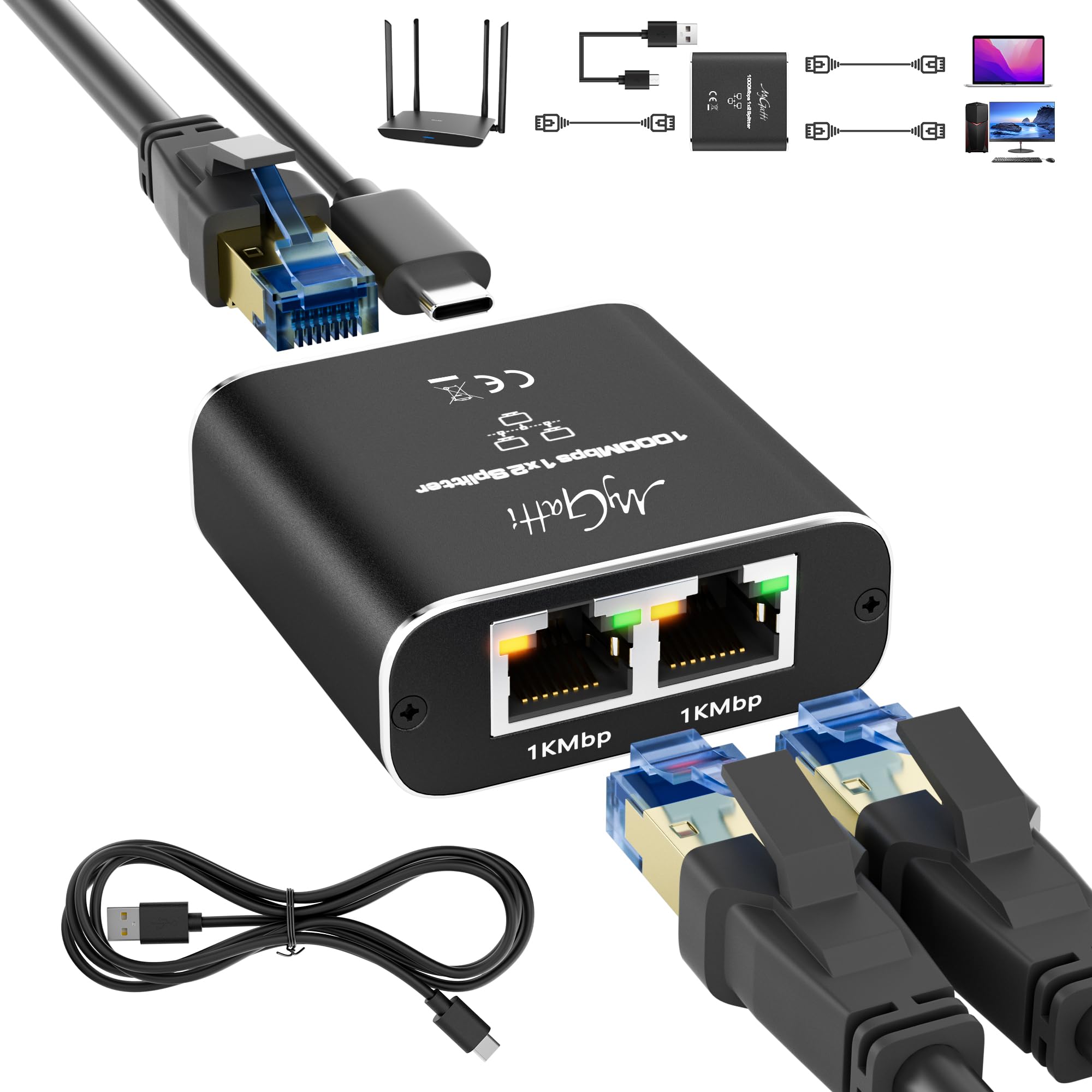 LAN分配器 インターネット分岐アダプター 1000Mbps 1入力2出力イーサネット ハブ イーサネット拡張スプリッター 2デバイス同時接続 Cat5/5e/6/7/8 ギガビットLANケーブル対応 USB給電 ルーター、プリンター、PC、Mac、タブレ