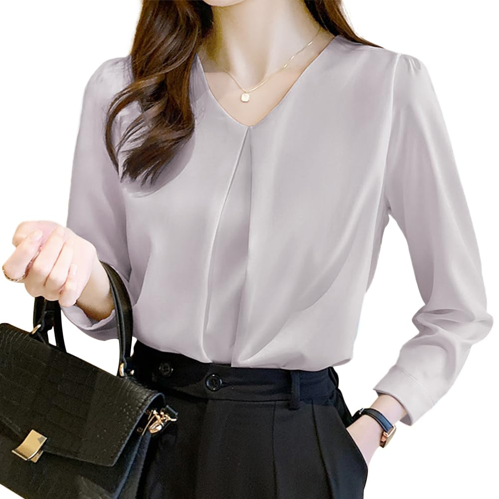[Bidason] ブラウス レディース 長袖 シフォン シャツ Vネック ゆったり 着痩せ タック カジュアル 体型カバー きれいめ おしゃれ 可愛い スッキリ洗える トップス 通勤 デート 秋 冬