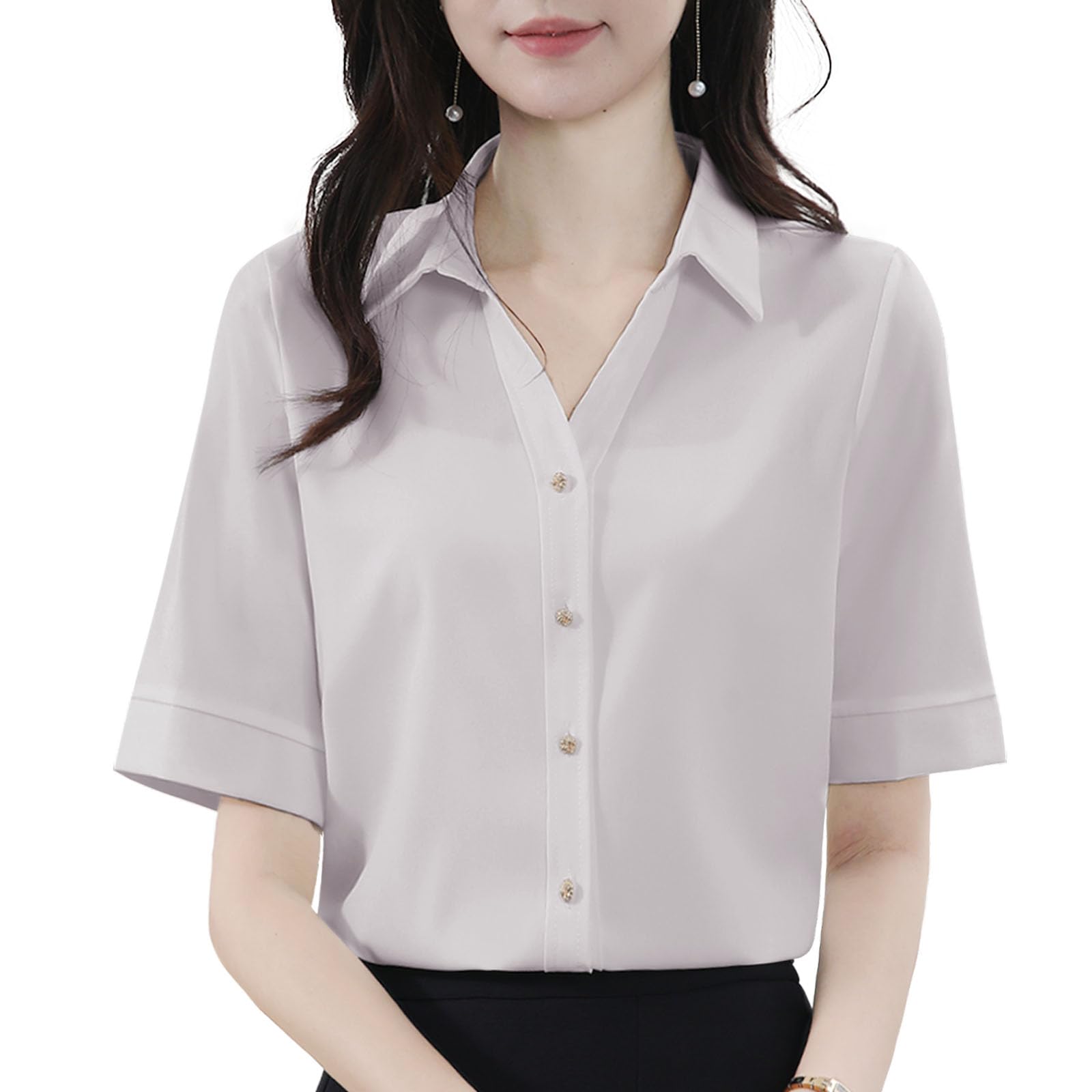[Bidason] ブラウス レディース シャツ 半袖 トップス 無地 シンプル 大人 おしゃれ ボタン付き ゆる感 着痩せ 体型カバー スッキリ 着回し力 薄手 通気 ワイシャツ 洗える 日常 通勤 夏