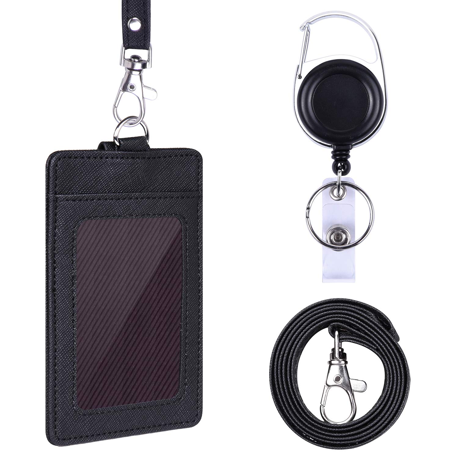Wisdompro IDカードホルダー 縦 PU革 両面ポケット リール・ネックストラップ付き 社員証・名札・定期..