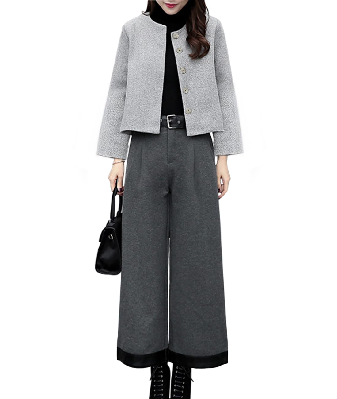 [Bidason] スーツ レディース 秋 冬 セットアップ 保温 暖かい 9分丈 ノーカラー ジャケット ガウチョパンツ 2点セット おしゃれ 魅力 カジュアル 通勤 フォマール 卒業式 入学式 ママ会