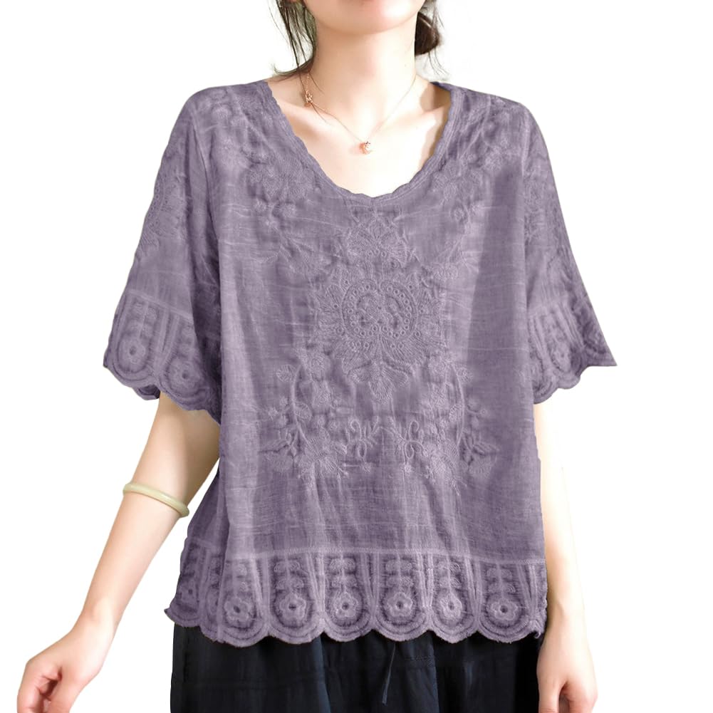 [Bidason] ブラウス 刺繍 レディース シャツ 半袖 コットン 通気性 薄手 冷房対策 UVカット ゆったり 体型カバー 大人 抜け感 可愛い クールネック 知的 トップス カジュアル 普段着 夏