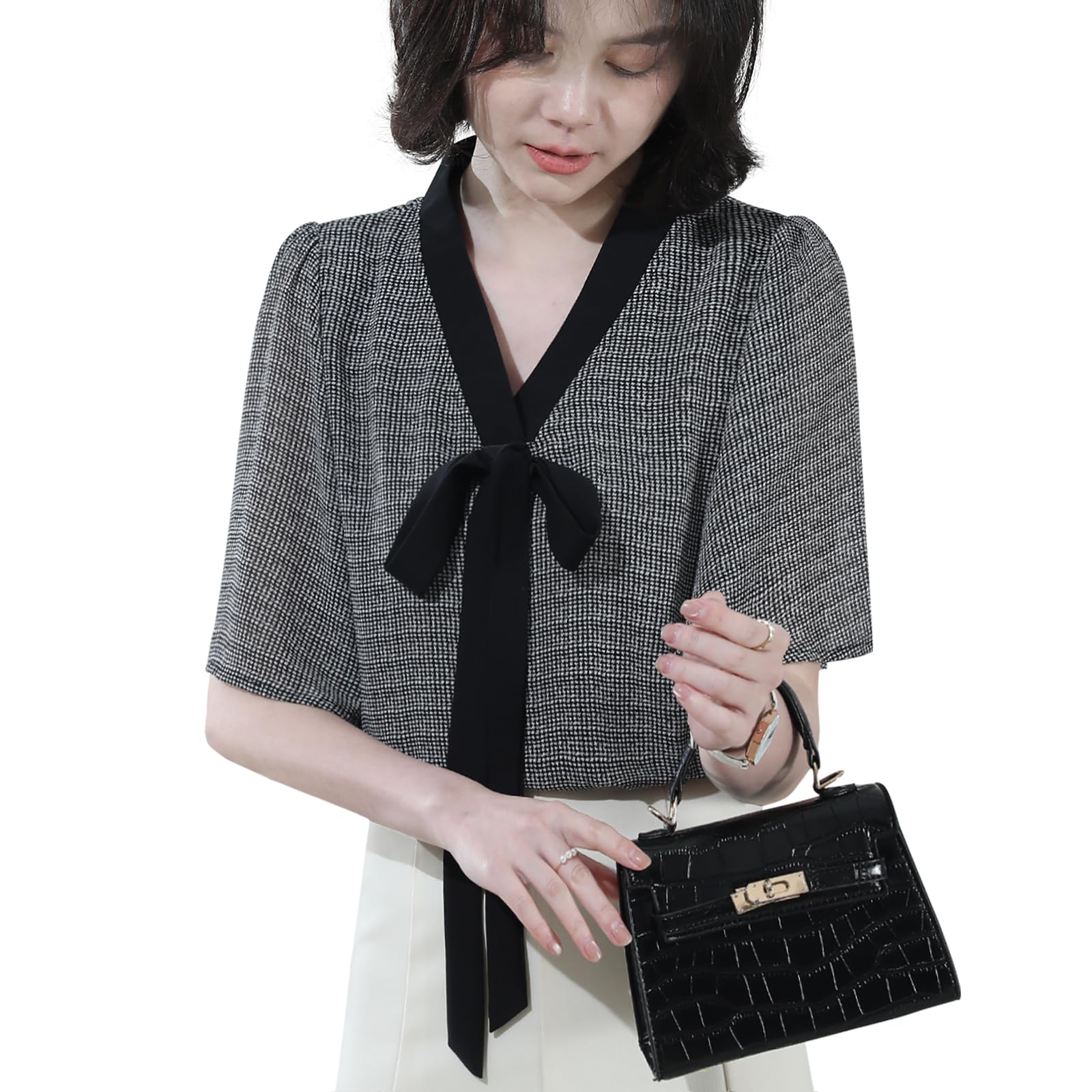 [Bidason] 千鳥柄 ブラウス レディース シャツ 半袖 リボン付き おしゃれ エレガント 上品 大人 可愛い フレアスリーブ 薄手 裏地付き ゆる感 体型カバー 着回し 普段着 通勤 トップス 夏