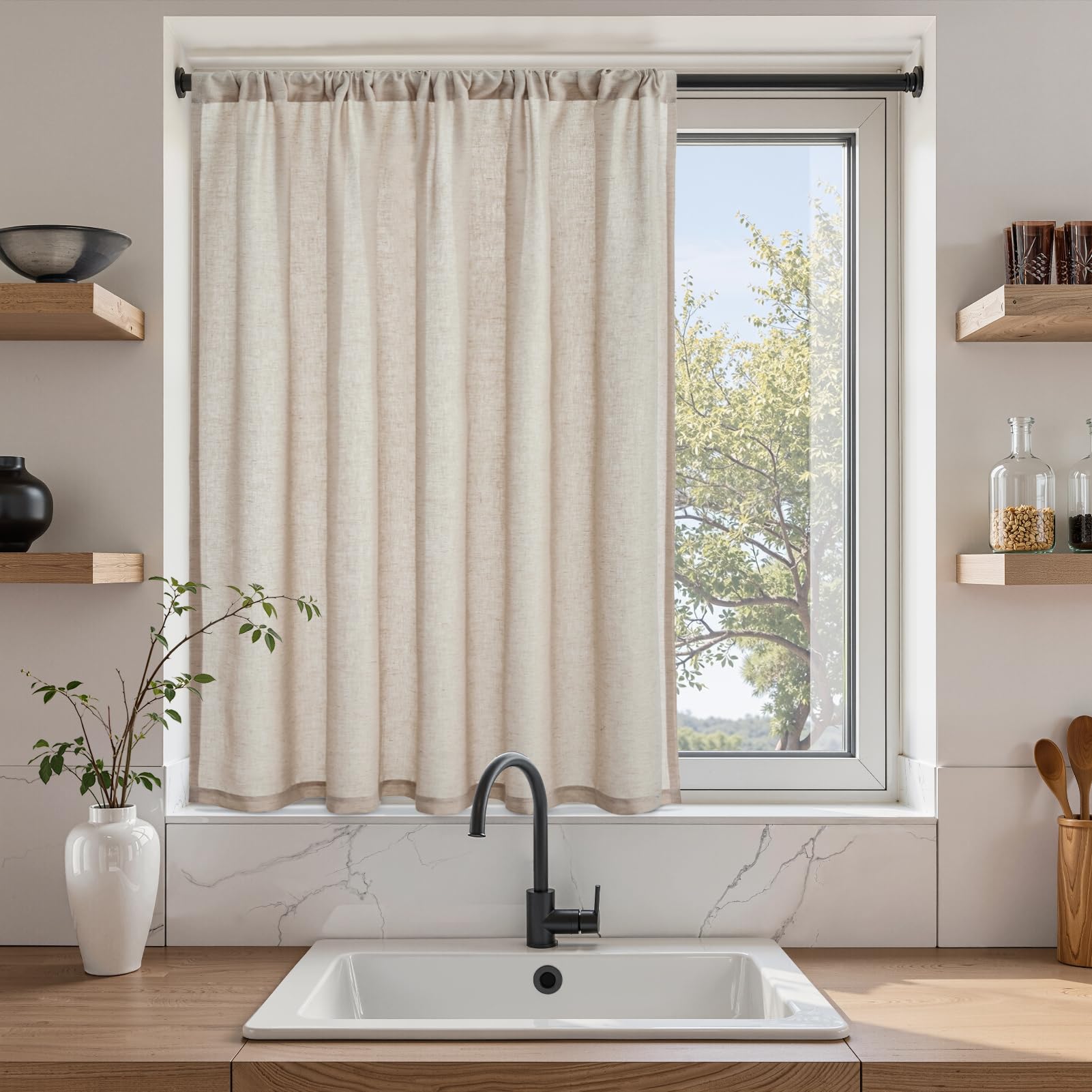 Topfinel カフェカーテン レース 麻風 小窓用 90cm丈 オートミール色 1枚 レースカーテン 透けない 外..