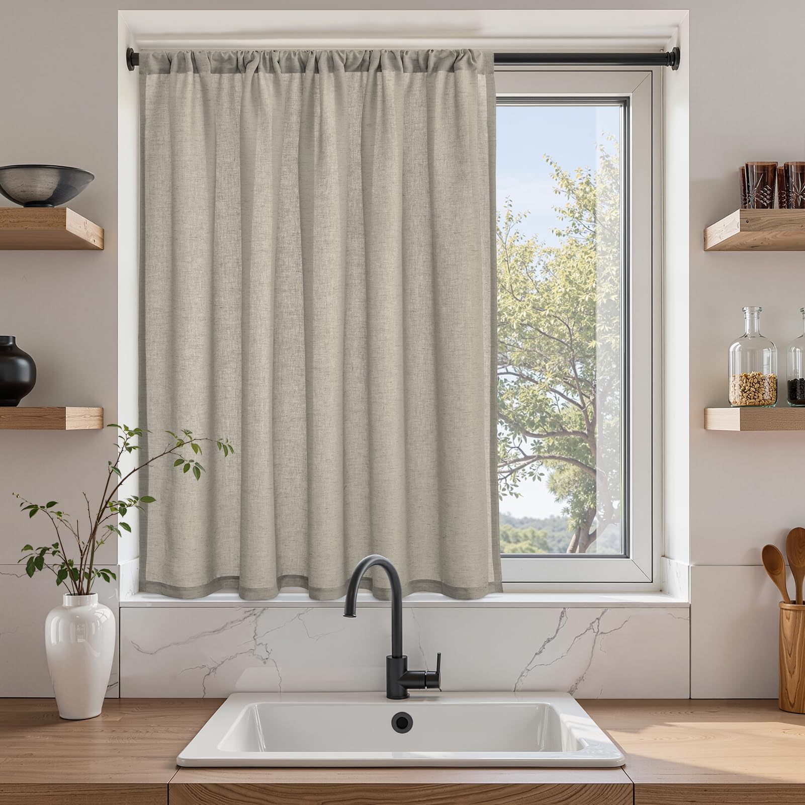 Topfinel カフェカーテン レース 麻風 カーテン レース 小窓 90cm丈 ウッドカラー 1枚 透けない 外から見えにくい 目隠し 半遮光 断熱 UVカット 通気 洗える キッチン リビング トイレ 玄関