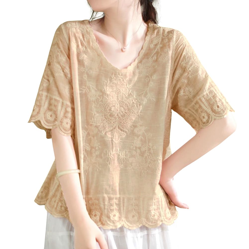 [Bidason] ブラウス 刺繍 レディース シャツ 半袖 コットン 通気性 薄手 冷房対策 UVカット ゆったり 体型カバー 大人 抜け感 可愛い クールネック 知的 トップス カジュアル 普段着 夏