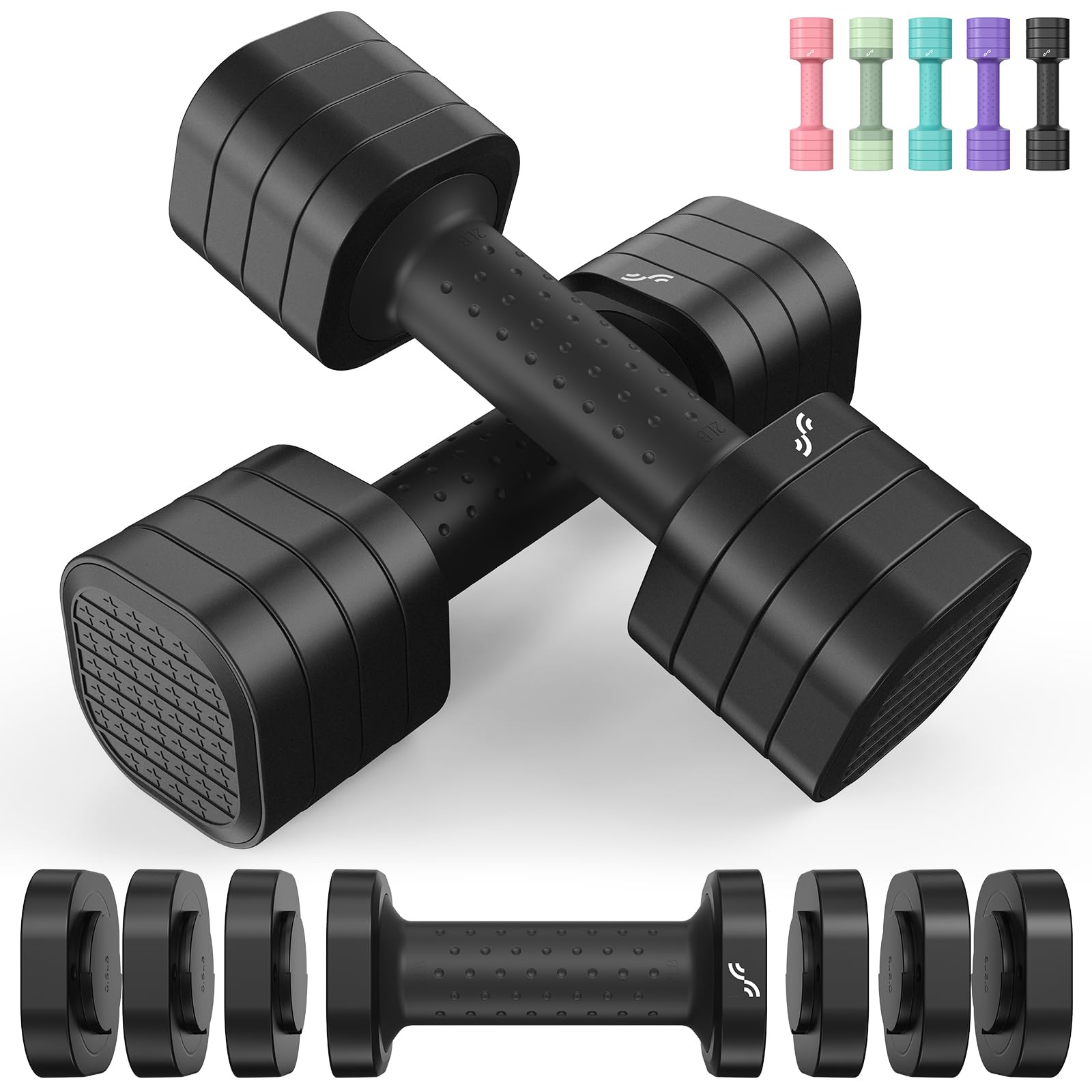 Sportneer ダンベル 可変式 各0.9kg~2.3kg調節可 2個セット 小型 多段階重さ調節 筋トレ器具 ダンベルセット トレーニング ホームジム 筋トレ ジム 自宅 女性向けデザイン 日本語取り扱い説明書付き ブラック