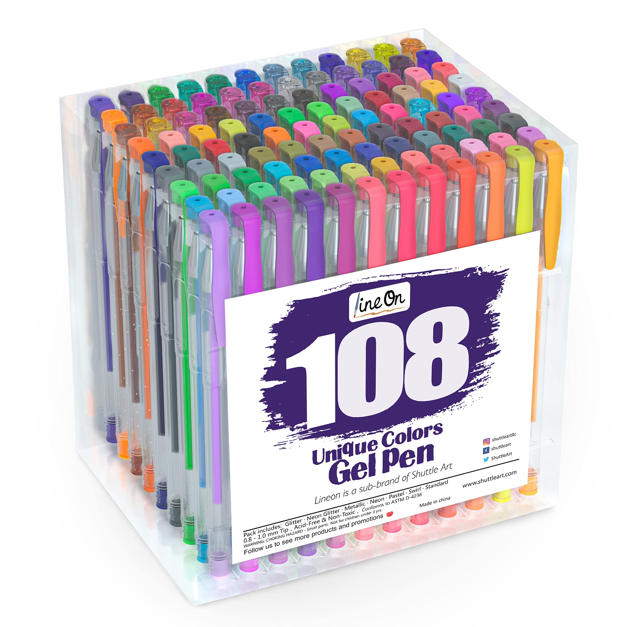 Lineon ジェルボールペン カラーペン 108色セット 水性 カラーボールペン ゲルインク 耐光 耐水 大人の塗り絵 イラスト お絵描き 落書 スケッチ デザイン 手帳 ノード メモ取り メタリック 蛍光 ラメ色 子供用 入学お祝い クリスマス プレゼ