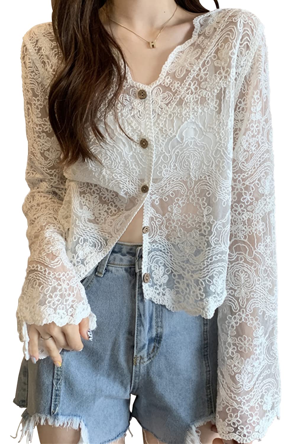 [Bidason] 進化 カーディガン 刺繍 レース レディース UVカット トップス 冷房対策 シアー感 Vネック チュール 長袖 フレア 可愛い お洒落 女性らしい 肌魅せ トレンド 日常 夏 初秋