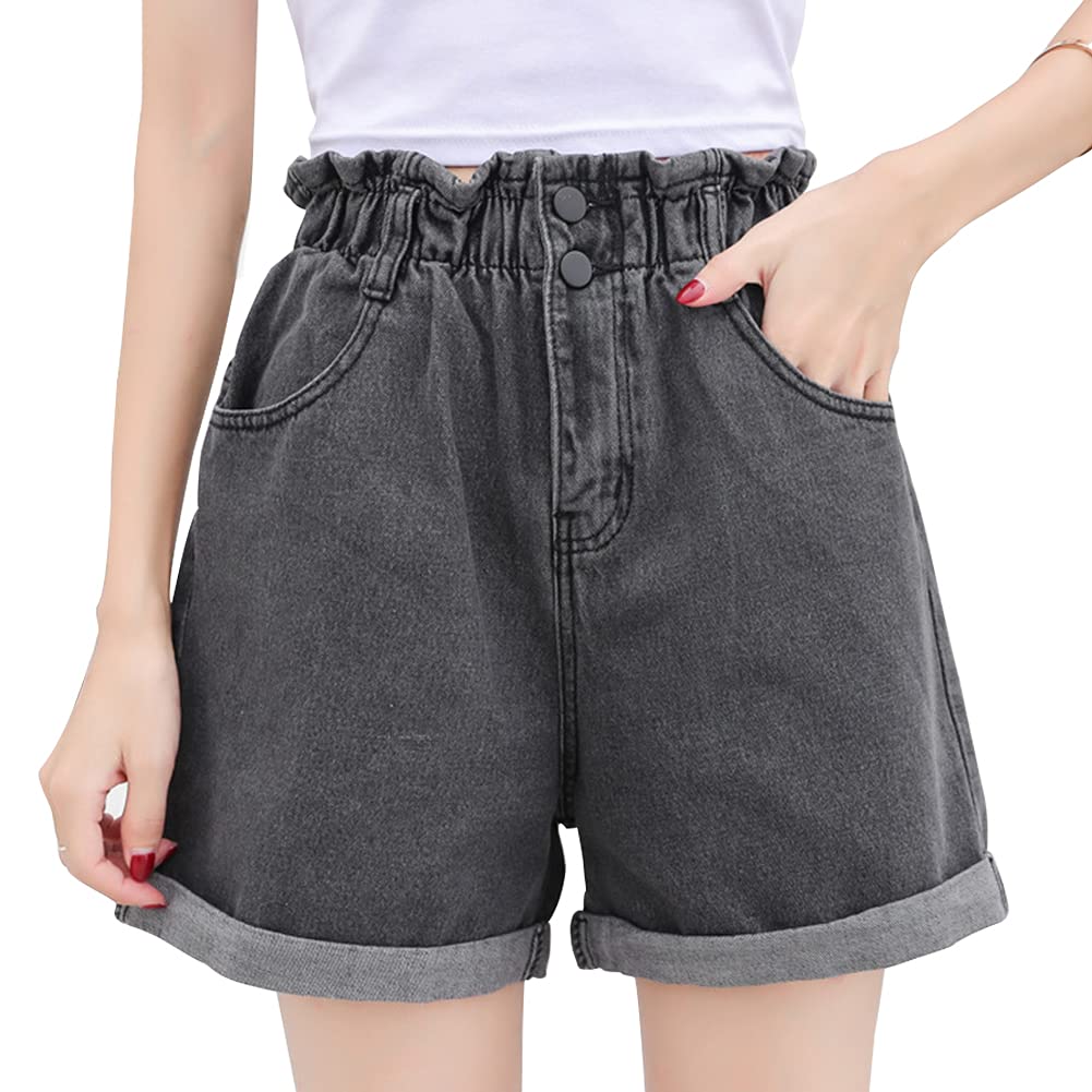 [Bidason] デニム ショート パンツ レディース ジーンズ パンツ 折裾 ロールアップ 蕾ライン ゆったり ハイウエスト ウエストゴム 短パン ショーパン 着痩 可愛い ボトムス カジュアル 通勤