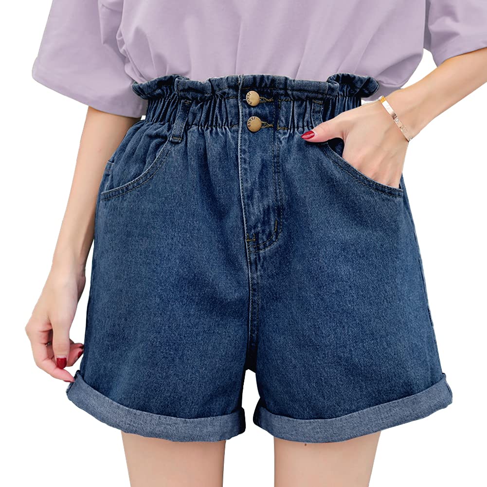 [Bidason] デニム ショート パンツ レディース ジーンズ パンツ 折裾 ロールアップ 蕾ライン ゆったり ハイウエスト ウエストゴム 短パン ショーパン 着痩 可愛い ボトムス カジュアル 通勤