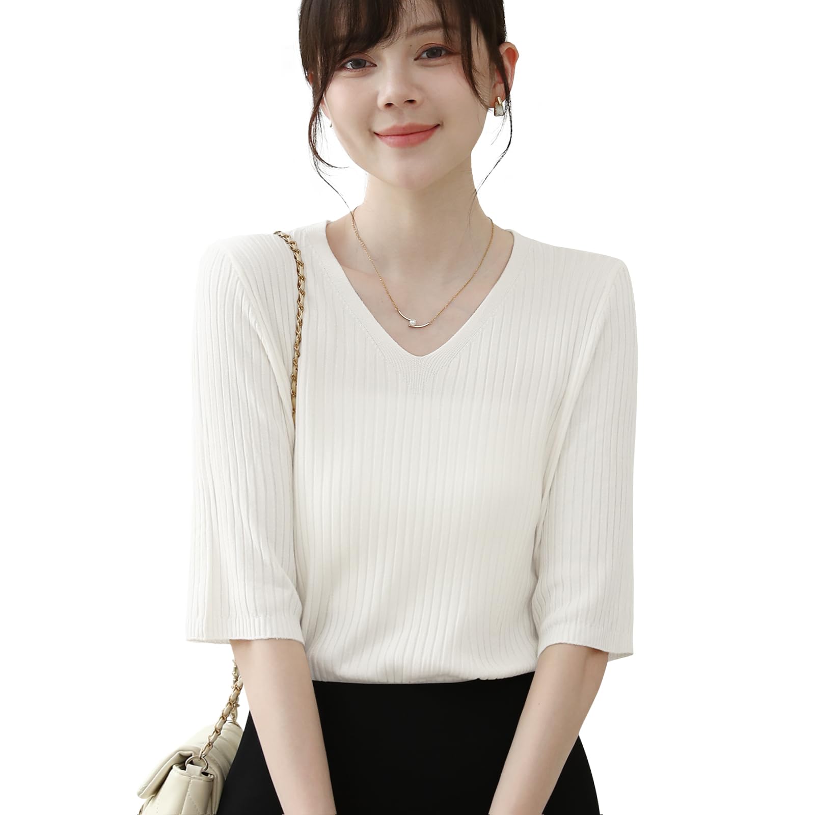 [Bidason] ニット レディース サマーニット 五分袖 Vネック セーター リブ 高伸縮性 薄手 柔らか 着痩せ 無地 シンプル 着回し力 おしゃれ 可愛い トップス カジュアル 通勤 8色展開 夏
