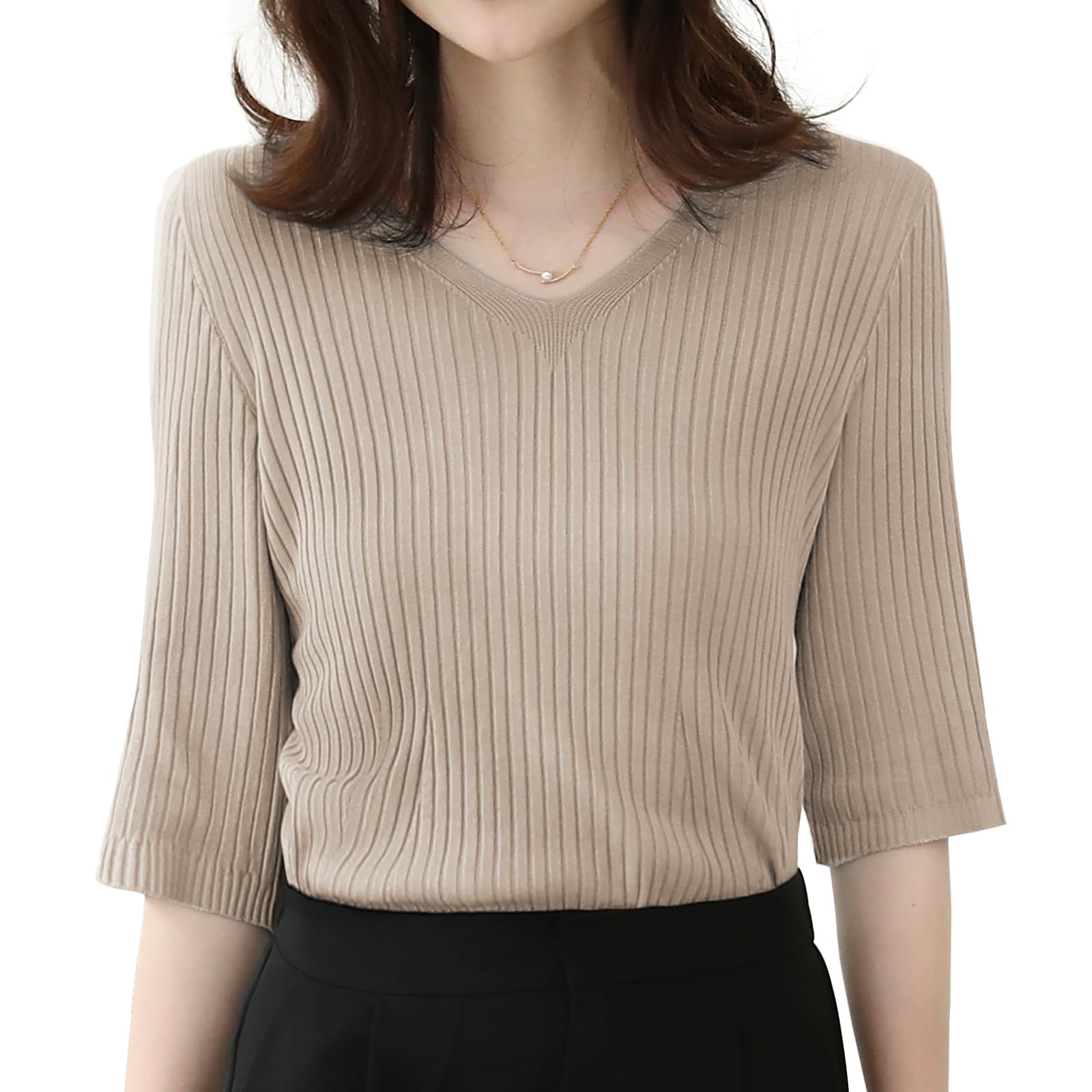 [Bidason] ニット レディース サマーニット 五分袖 Vネック セーター リブ 高伸縮性 薄手 柔らか 着痩せ 無地 シンプル 着回し力 おしゃれ 可愛い トップス カジュアル 通勤 8色展開 夏