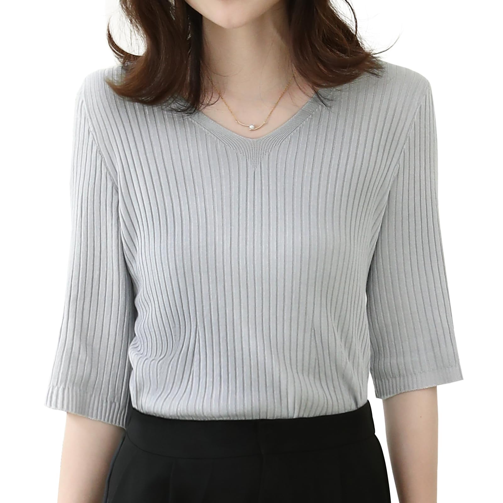 [Bidason] ニット レディース サマーニット 五分袖 Vネック セーター リブ 高伸縮性 薄手 柔らか 着痩せ 無地 シンプル 着回し力 おしゃれ 可愛い トップス カジュアル 通勤 8色展開 夏