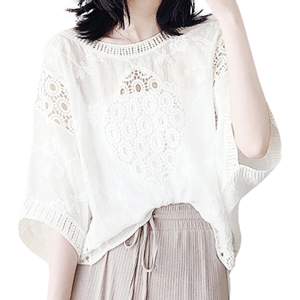 [Bidason] ブラウス レディース シャツ レース トップス 透かし編み 通気性 コットン ドルマンスリーブ 抜け感 ゆったり 体型カバー 冷房対策 UVカット 重ね着 カジュアル プルオーバー 夏