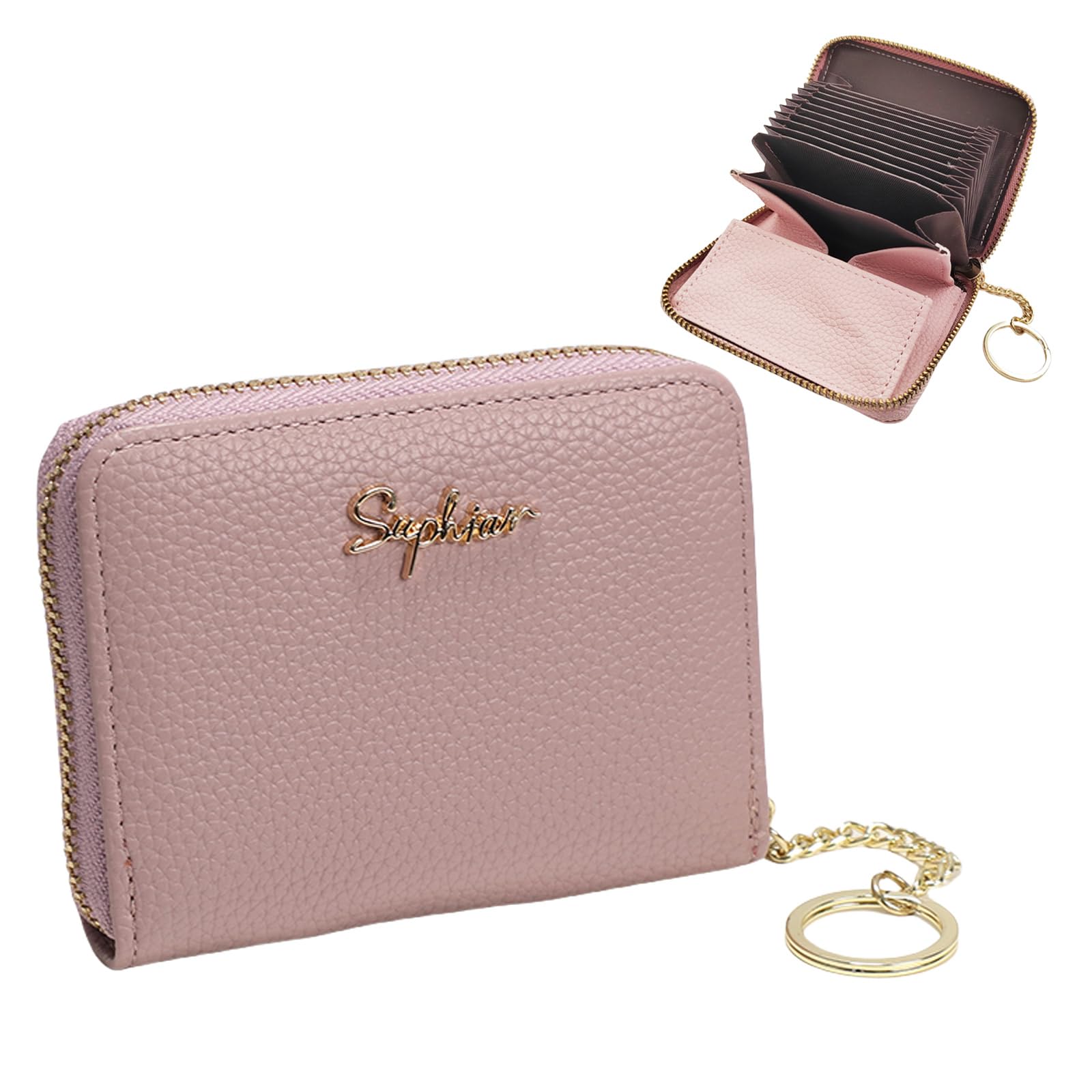 [Cosylive] 二つ折り財布 お札が折れない レディース ミニ財布 大容量 ス型 小銭入れ RFID保護 キーチェーン (ピンク)