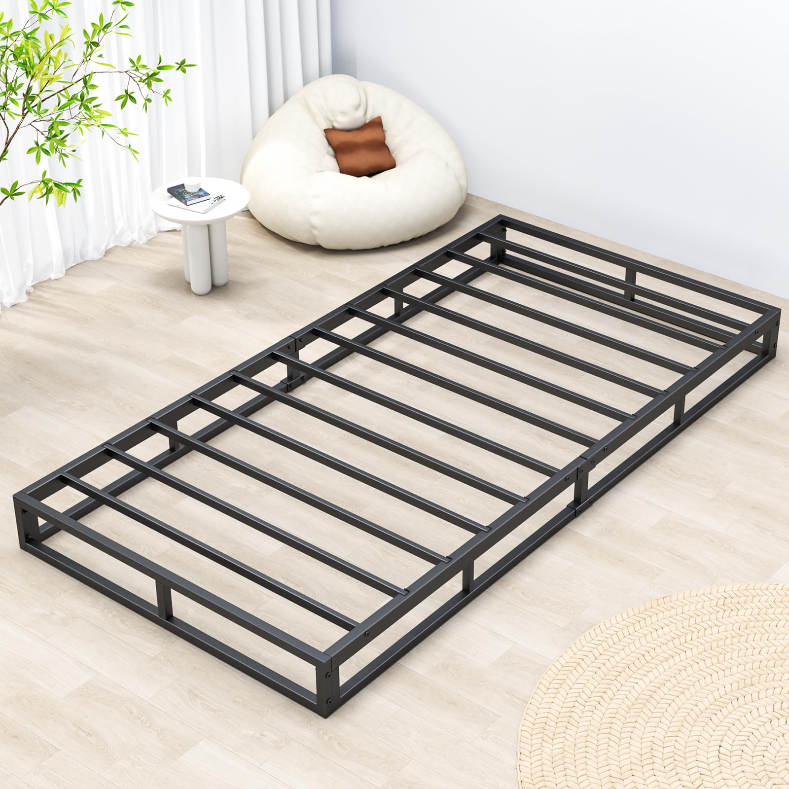 PRTONE ベッドフレーム ロータイプ メタル 一人暮らし 静音性 狭い空間向け ベッド下収納 ギシギシしない 組立簡単 工具付き 耐荷重約300Kg スチール ベッドフレーム ブラック