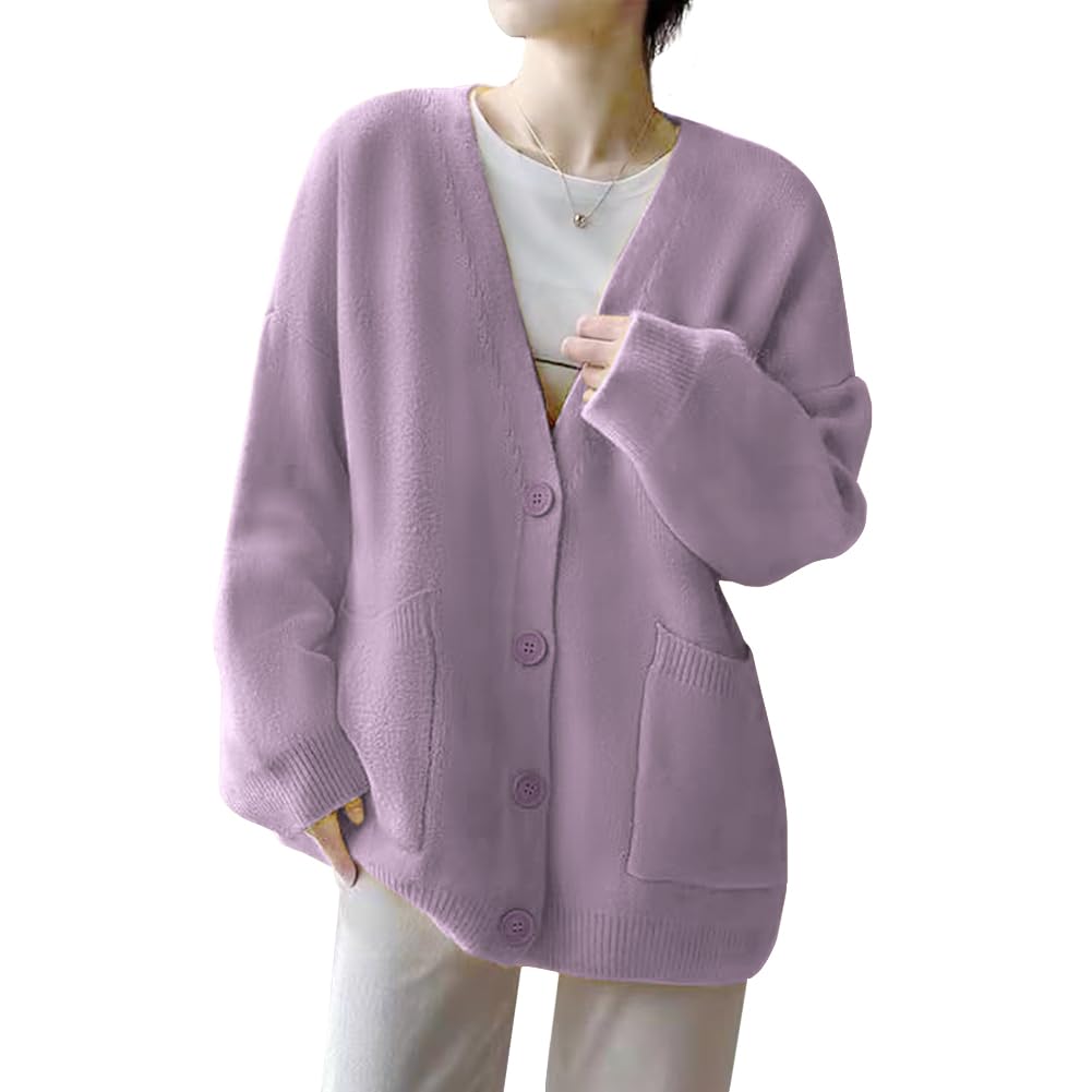 [Bidason] ニット カーディガン レディース Vネック トップス アウター 長袖 寒さ対策 前開きボタン ポケット 柔か 暖かい 羽織 伸縮性 ゆる感 ミディアム丈 普段着 通勤 通学 秋 冬 春