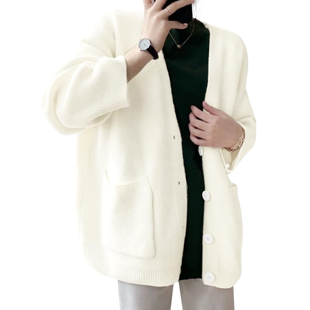 [Bidason] ニット カーディガン レディース Vネック トップス アウター 長袖 寒さ対策 前開きボタン ポケット 柔か 暖かい 羽織 伸縮性 ゆる感 ミディアム丈 普段着 通勤 通学 秋 冬 春