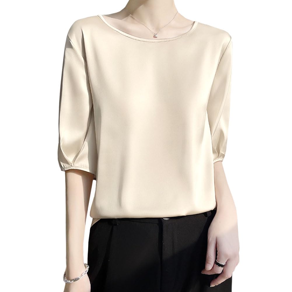 [Bidason] ブラウス レディース シャツ 五分袖 トップス クールネック プルオーバー 薄手 無地 シンプル サテン 光沢感 上品 きれいめ ゆる感 体型カバー 着回し力 カジュアル 普段着 夏