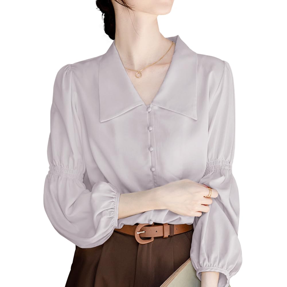 [Bidason] シャツ レディース ブラウス 長袖 きれいめ トップス 角襟 パフスリーブ おしゃれ 可愛い ゆる感 着痩せ 体型カバー 知的 エレガント 無地 シンプル ワイシャツ カジュアル 通勤